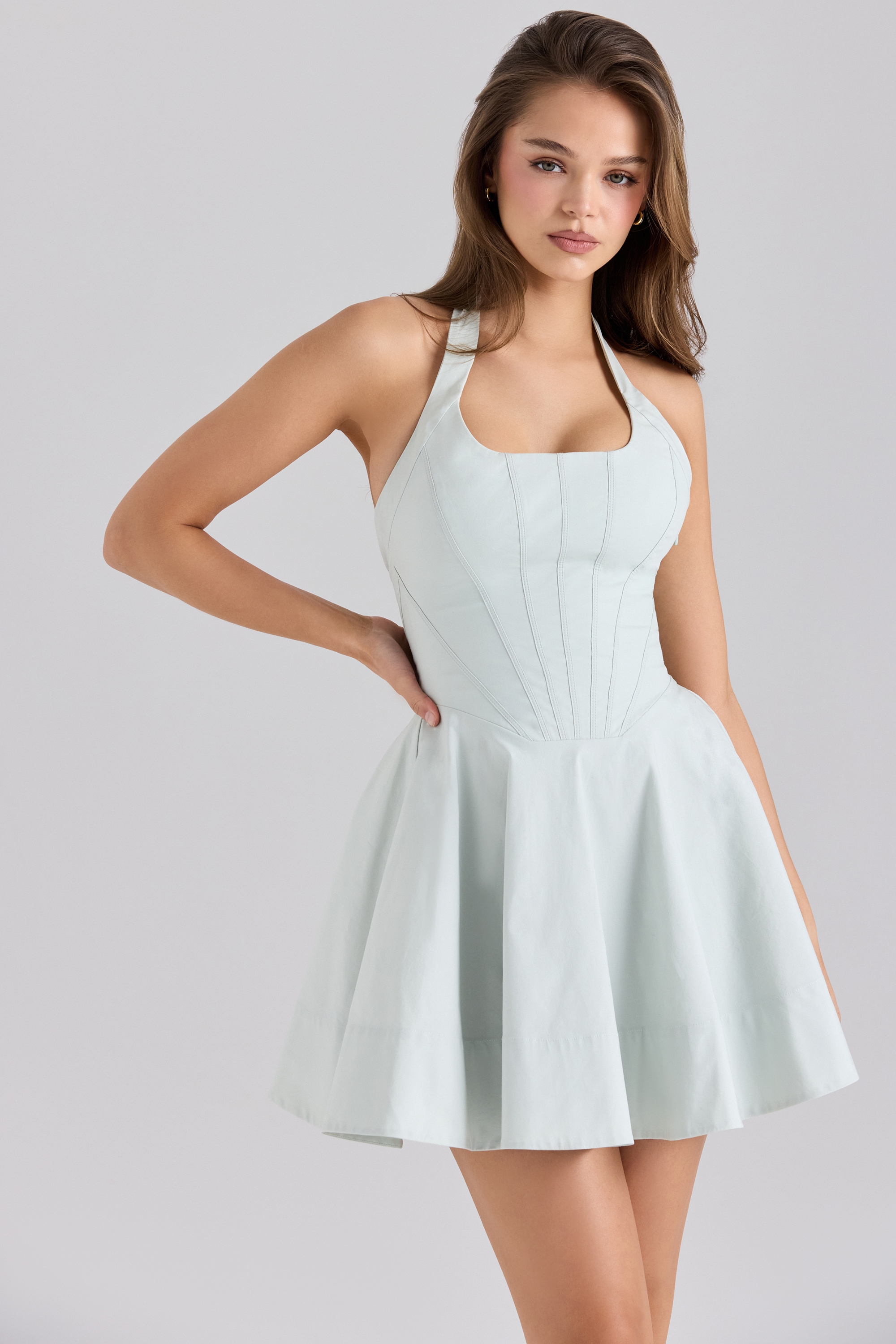 Sasha-Pistachio Stretch Cotton Halter Neck Mini Dress