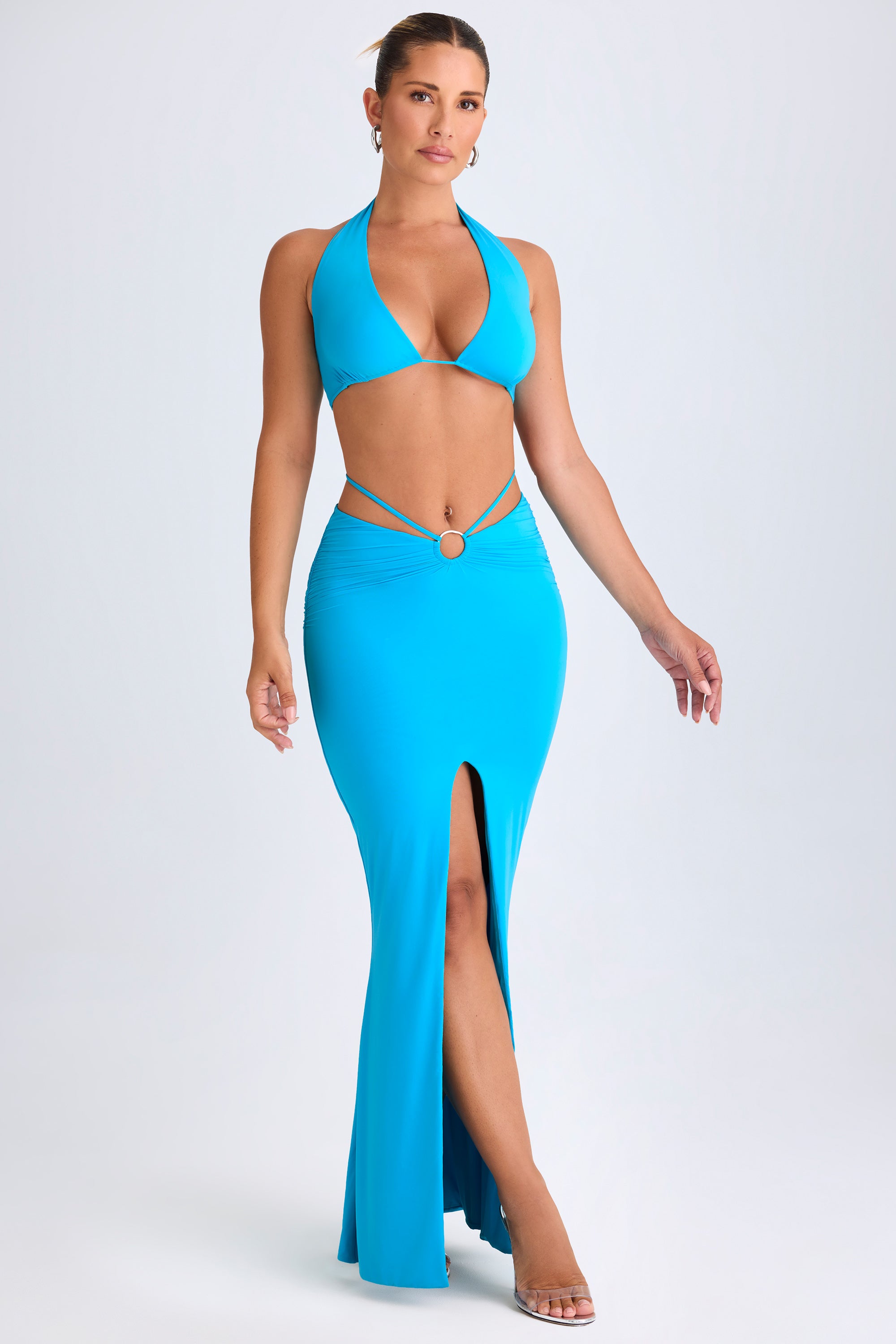 Vella-Plunge Hardware-Detail Halterneck Crop Top in Aqua Blue