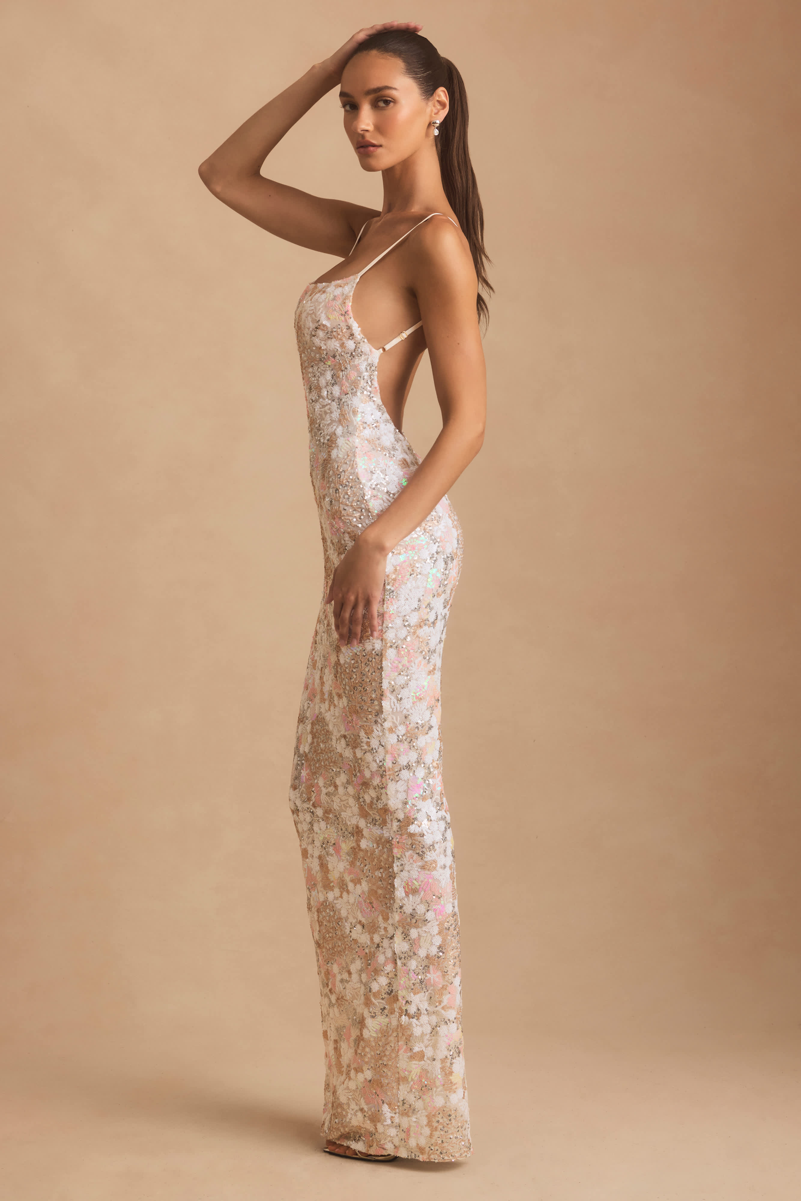 Tavira-Embellished Scoop-Neck Backless Maxi Dress in Ivory