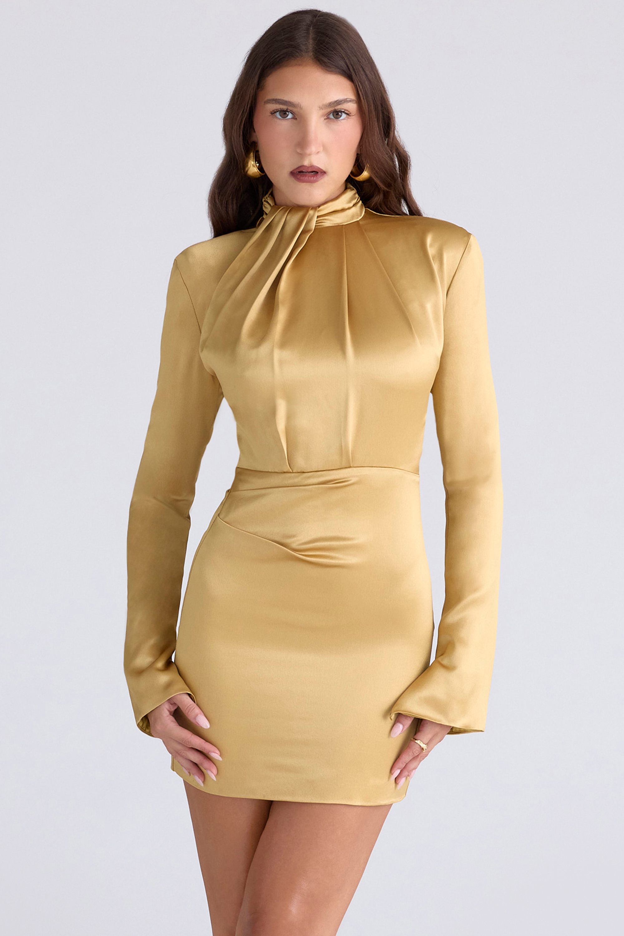 Amala-Gold Long Sleeve Satin Mini Dress