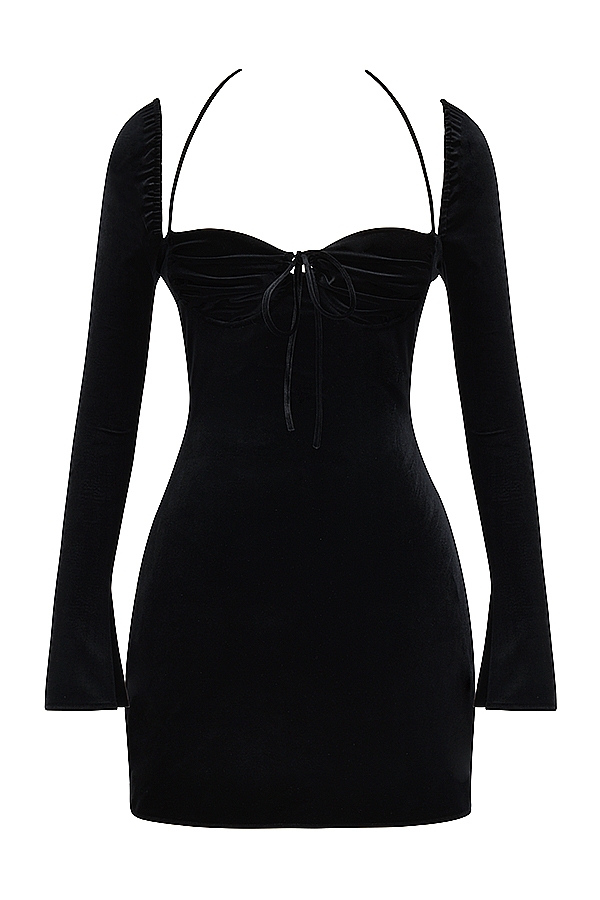 Babydoll-Black Velvet Halter Mini Dress