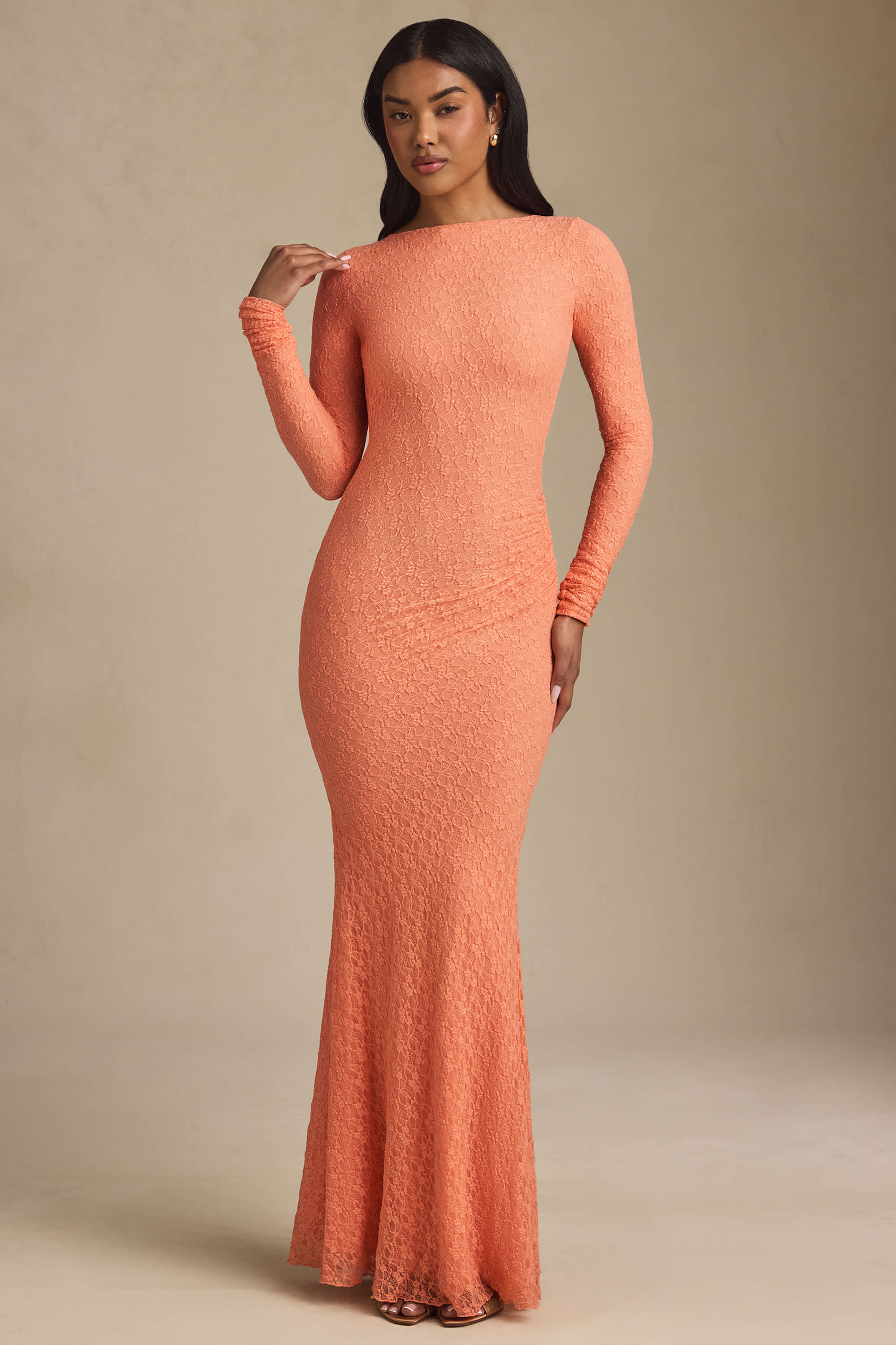 Tarini-Ruched Backless Lace Maxi Dress in Peach