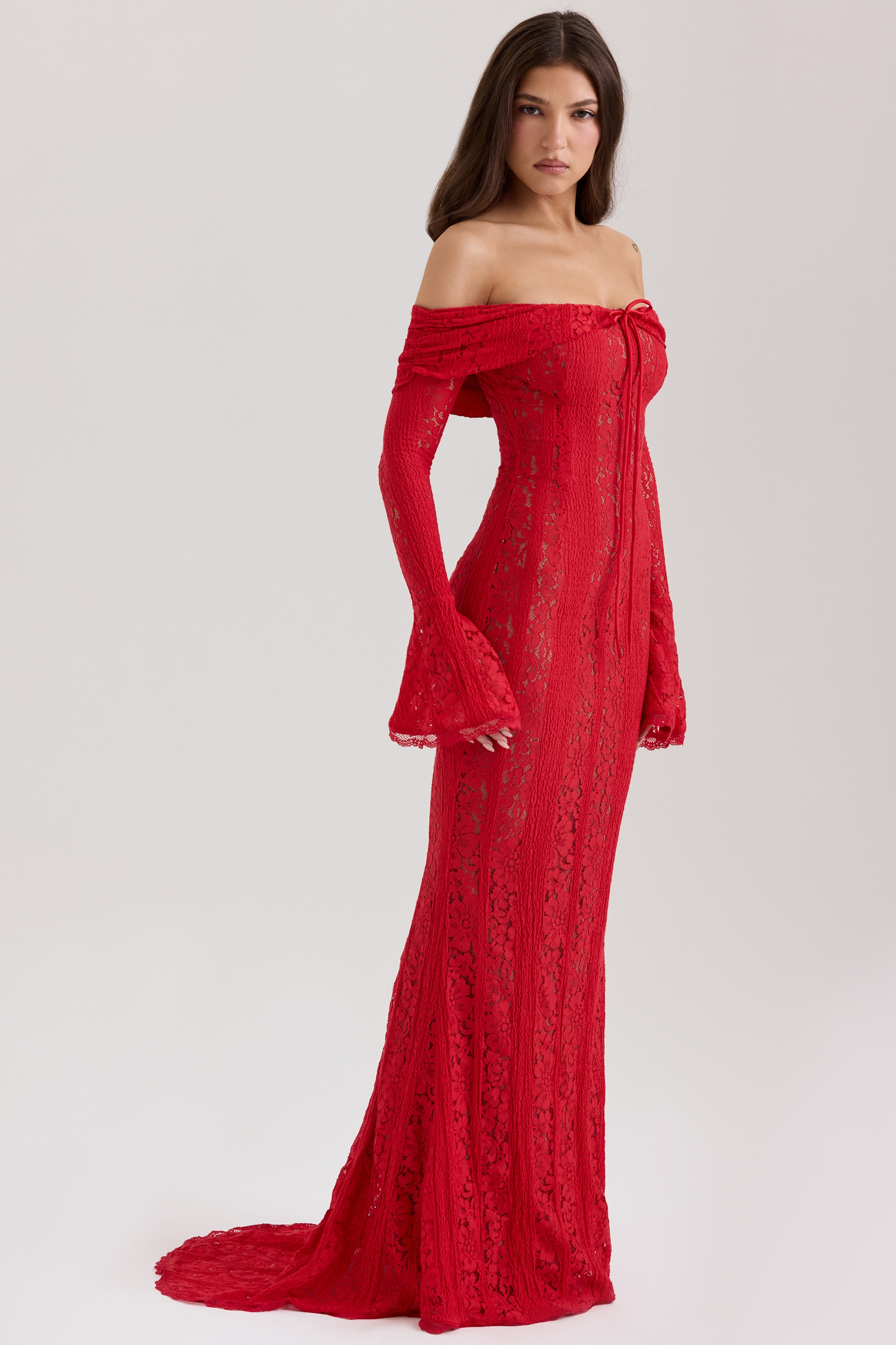 Belle-Red Off Shoulder Floral Lace Maxi Dress