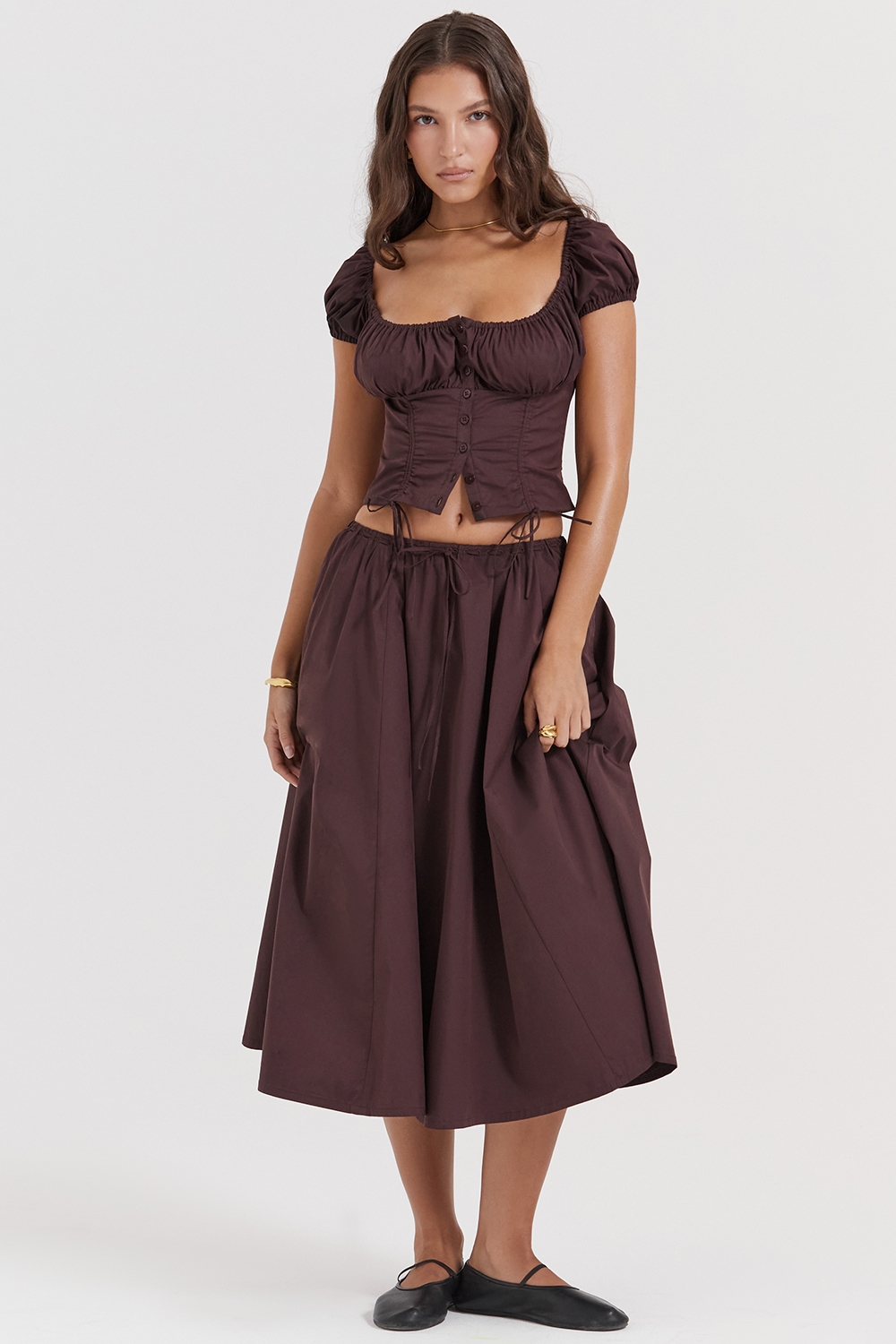 Cora-Rich Brown Gathered Midi Skirt