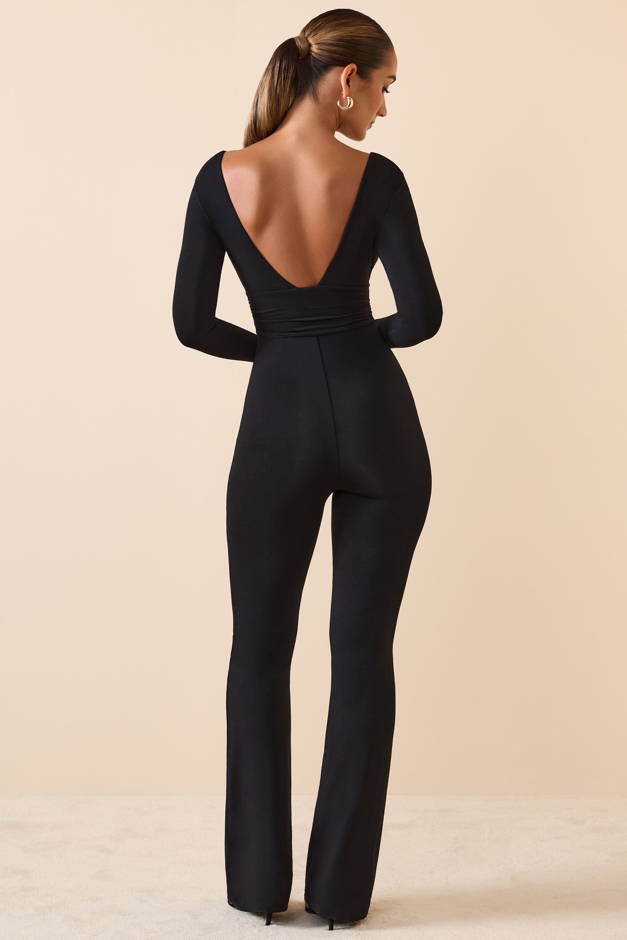 Helene-Modal Ruched Plunge Flared Jumpsuit in Black