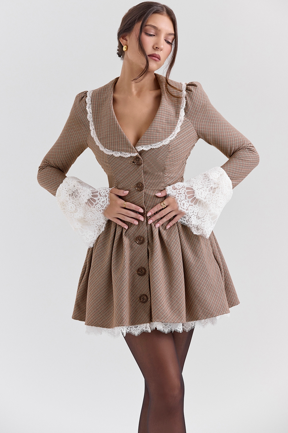 Sable-Brown Puppytooth Check Mini Dress - SALE