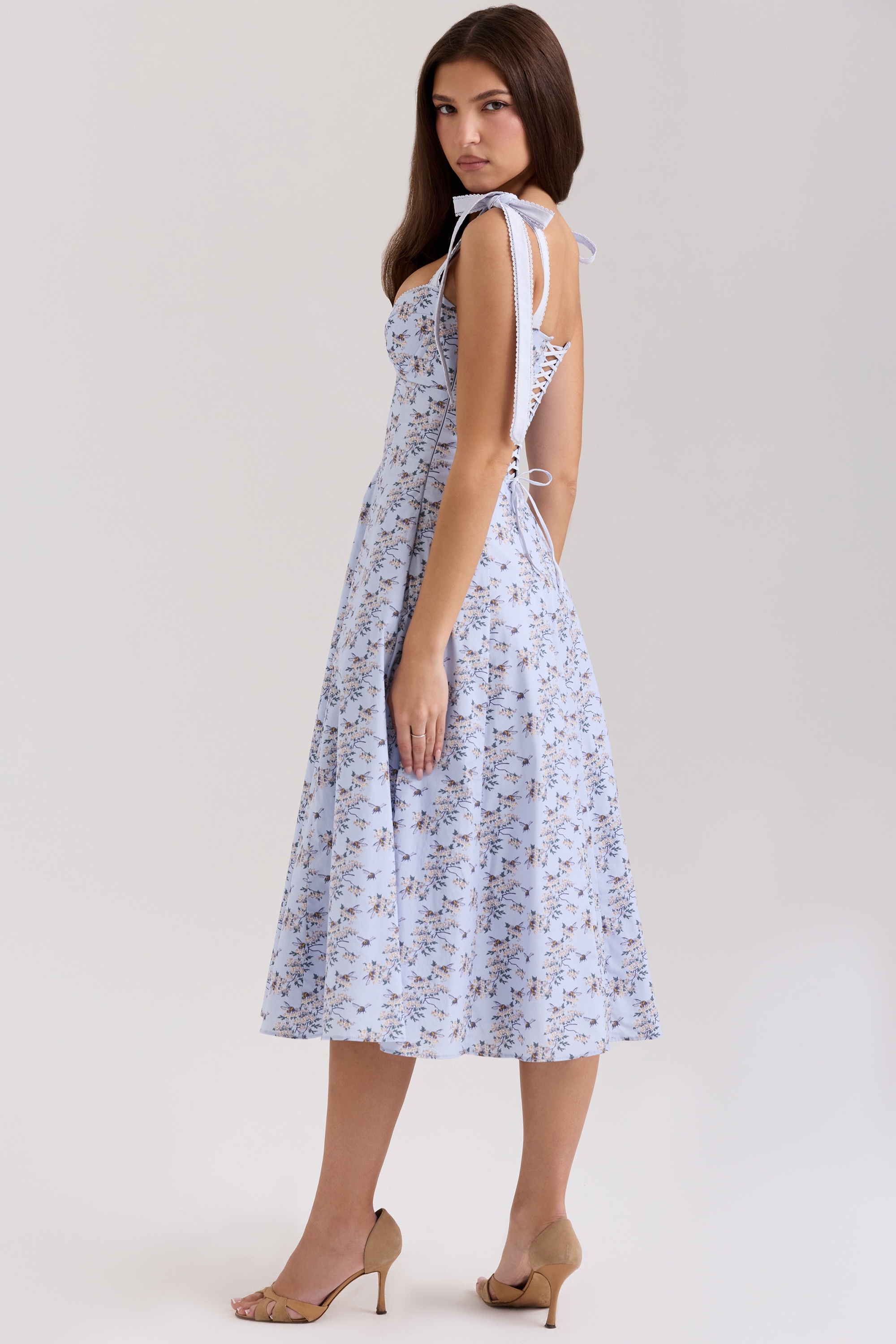 Emely-Blue Floral Print Stretch Cotton Midi Sundress