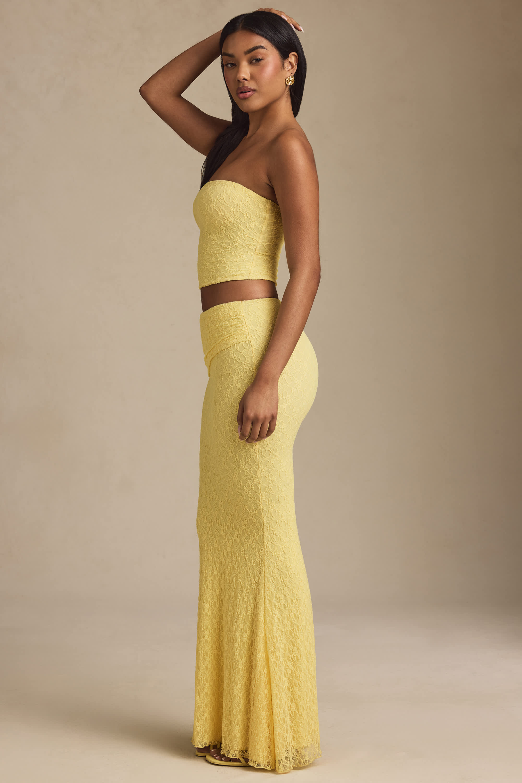 Vanda-Draped Low-Rise Lace Maxi Skirt in Pastel Yellow