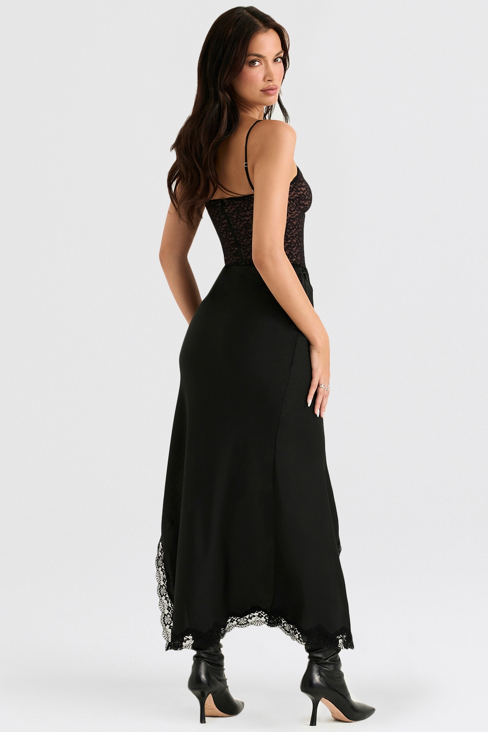 Ruby-Black Satin Lace Trim Midi Skirt