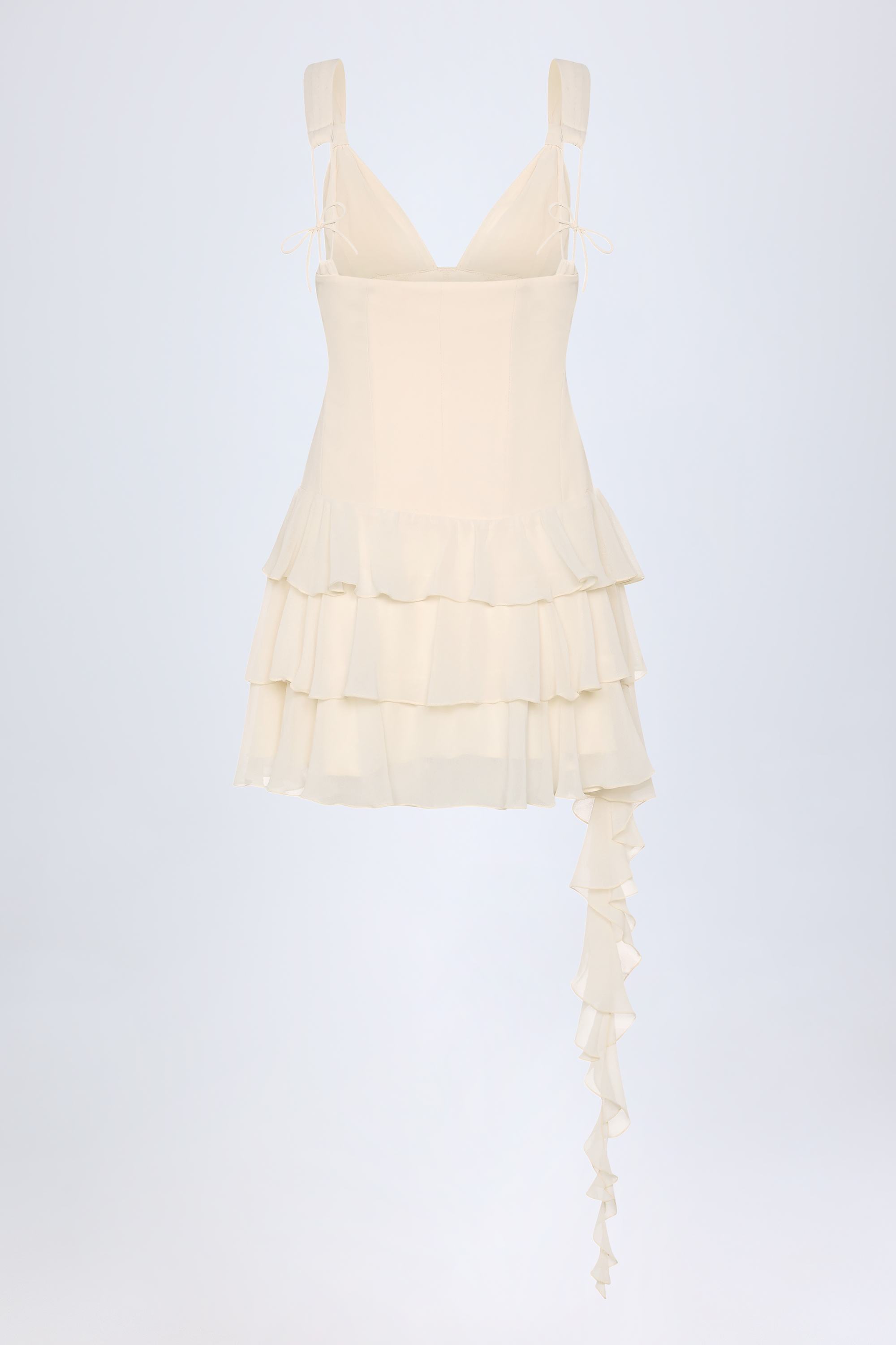 Toren-Lace-Up Ruffled Tiered Mini Dress in Ivory