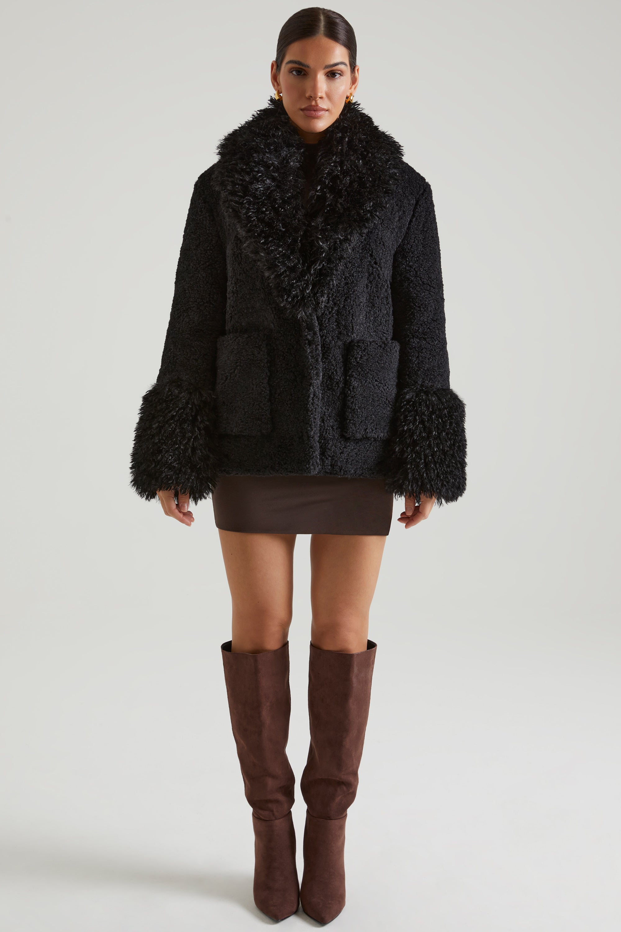 Wynter-Shearling Coat with Large Front Pockets in Black