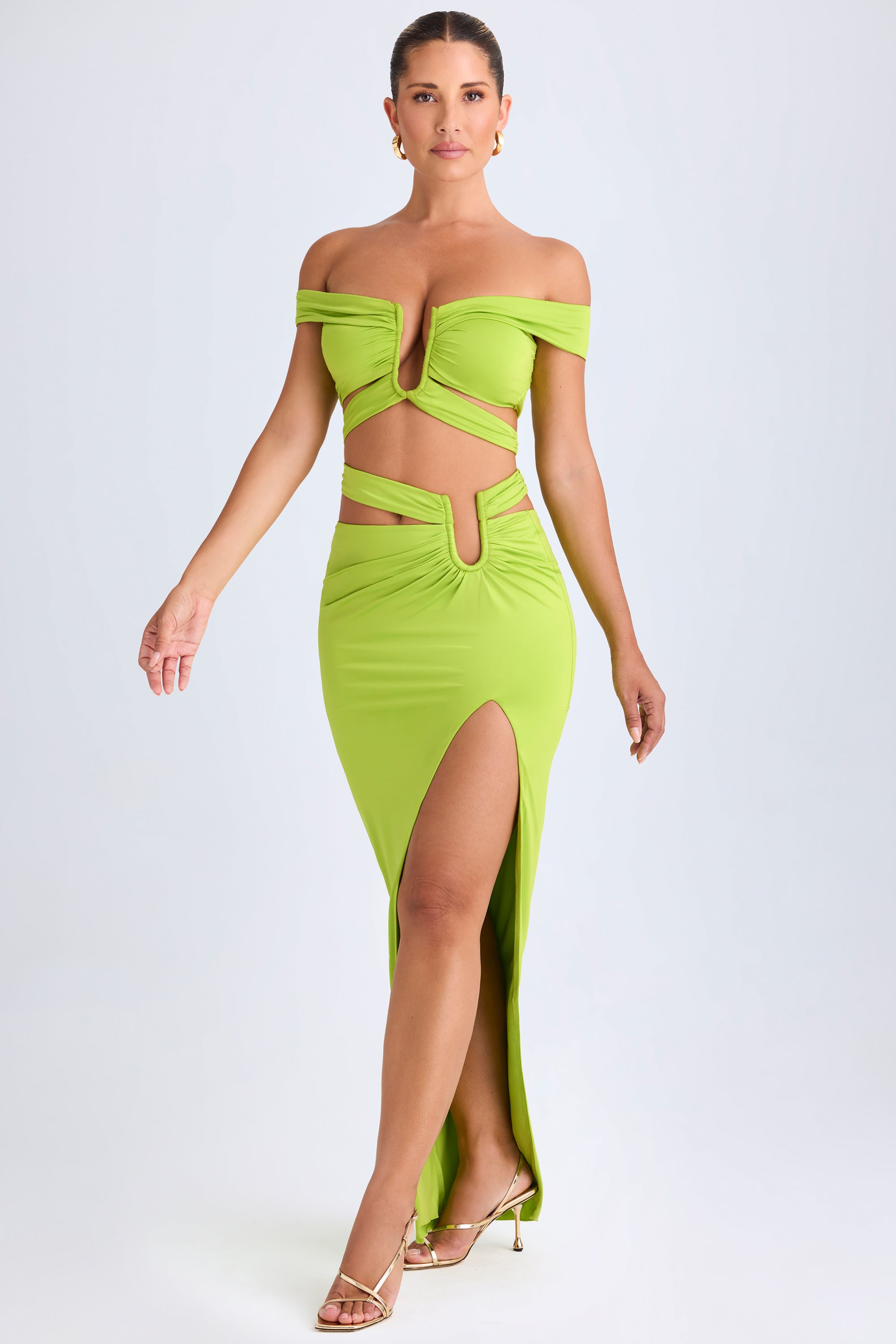 Urara-Asymmetric Cut-Out Maxi Skirt in Lime Green