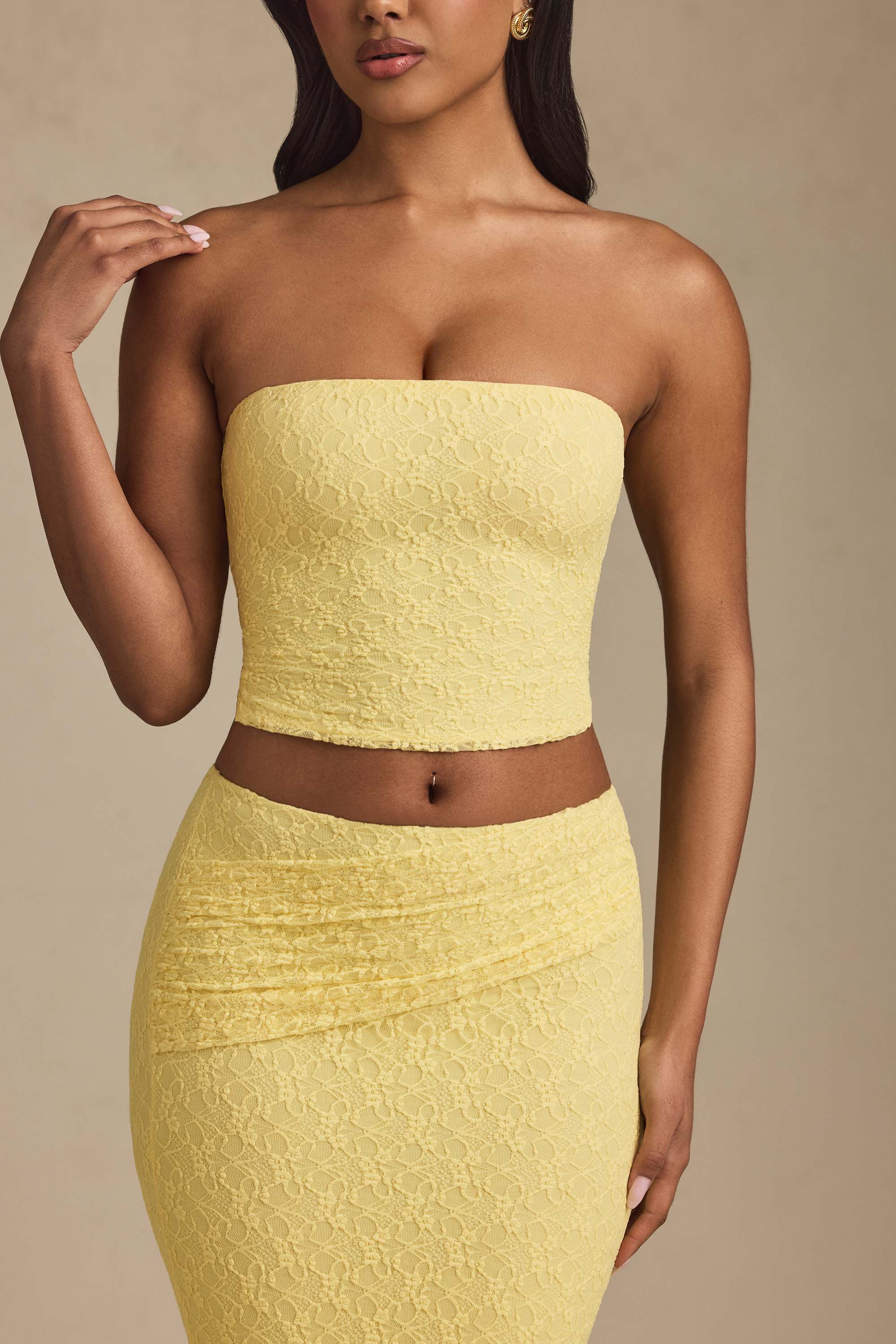 Tamia-Ruched Strapless Lace Top in Pastel Yellow