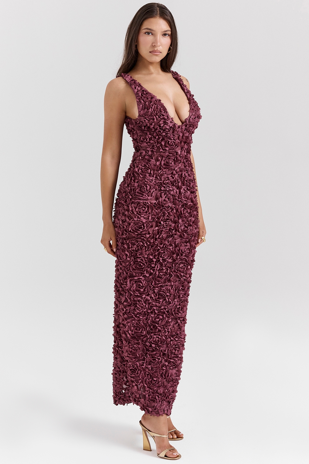 Carena-Merlot Plunge Floral Appliqué Maxi Dress