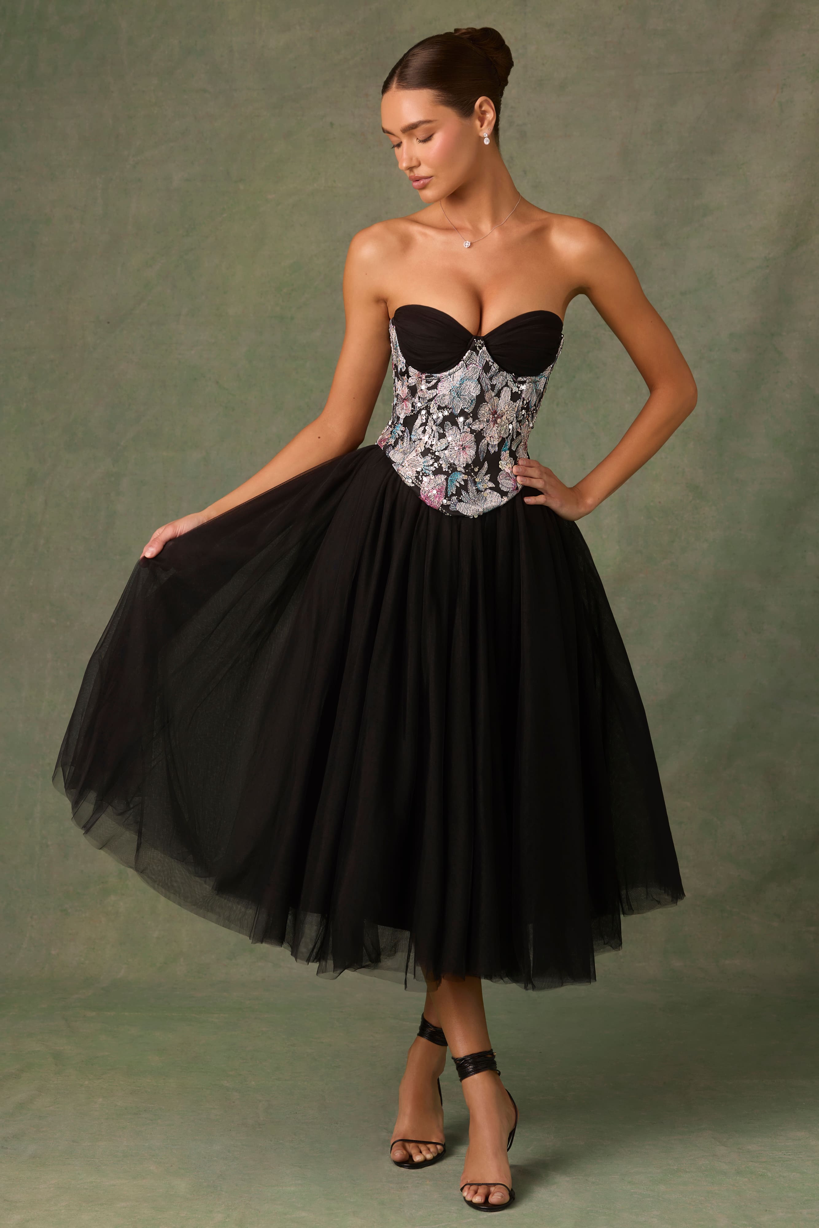 Cindy-Tulle Corset Midaxi Dress in Black