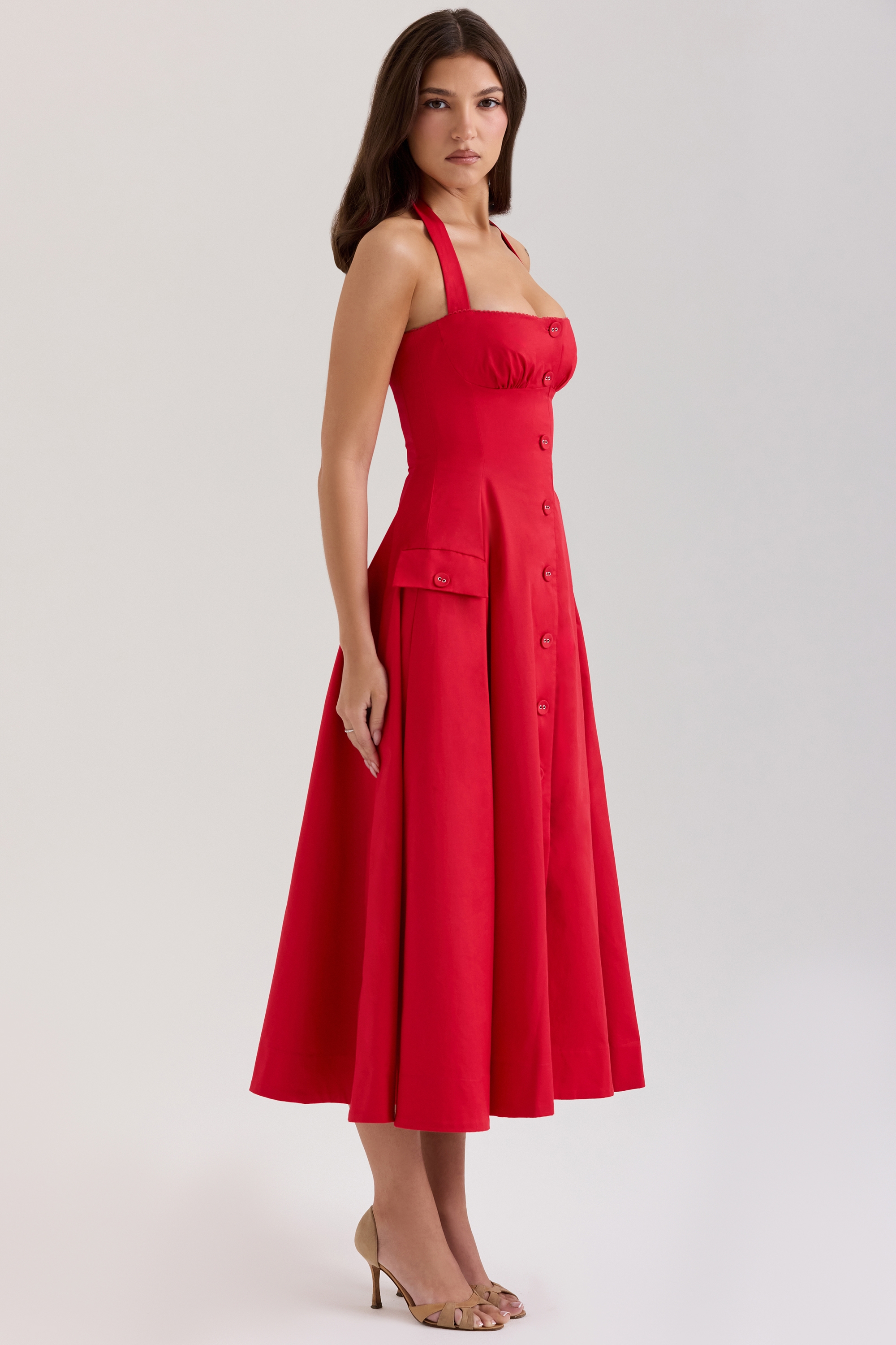 Claudia-Red Stretch Cotton Button Halter Neck Midi Dress