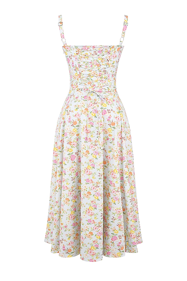 Carmen-Pale Blue Meadow Print Cotton Bustier Sundress