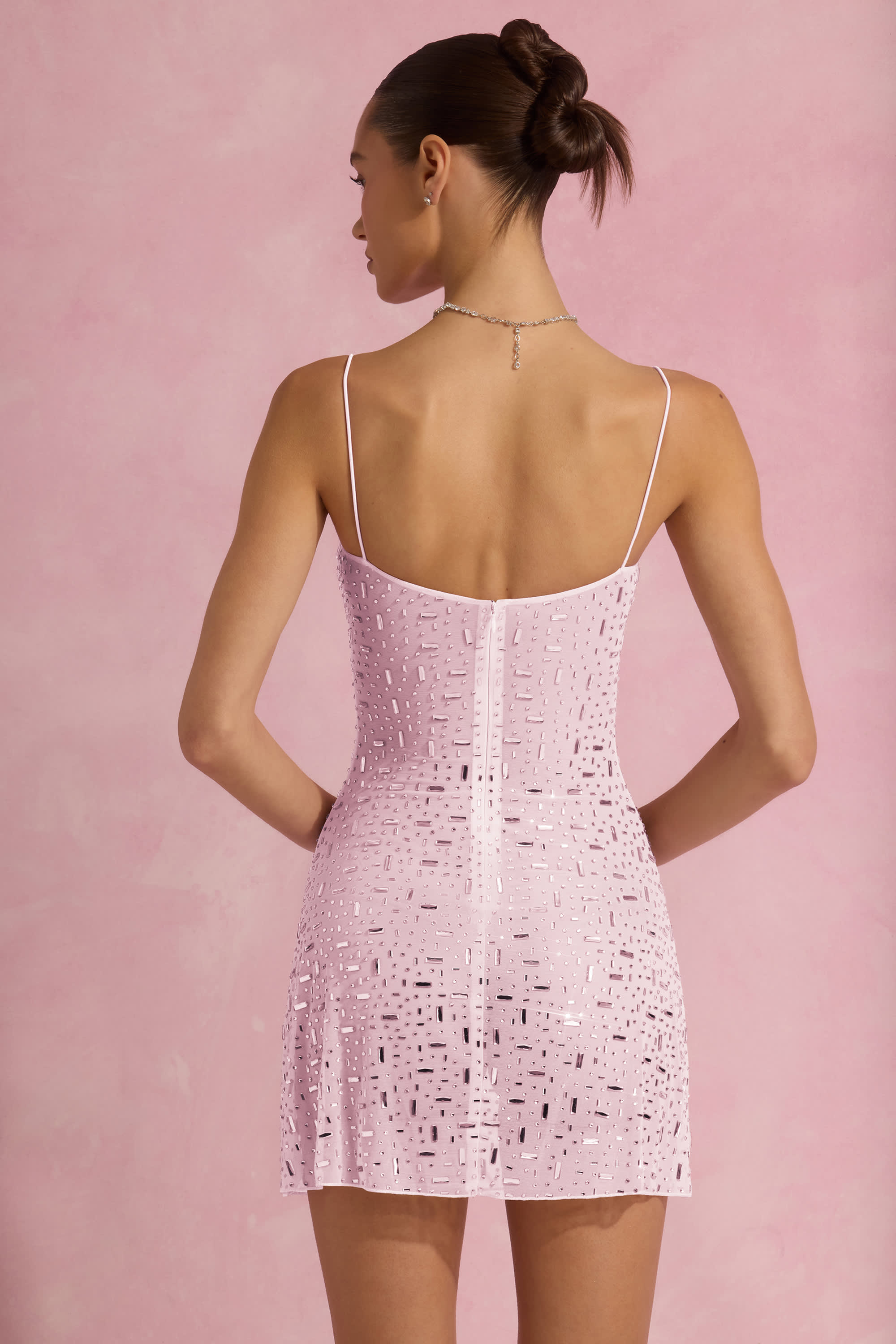 Averie-Sheer Embellished Square-Neck Mini Dress in Pink