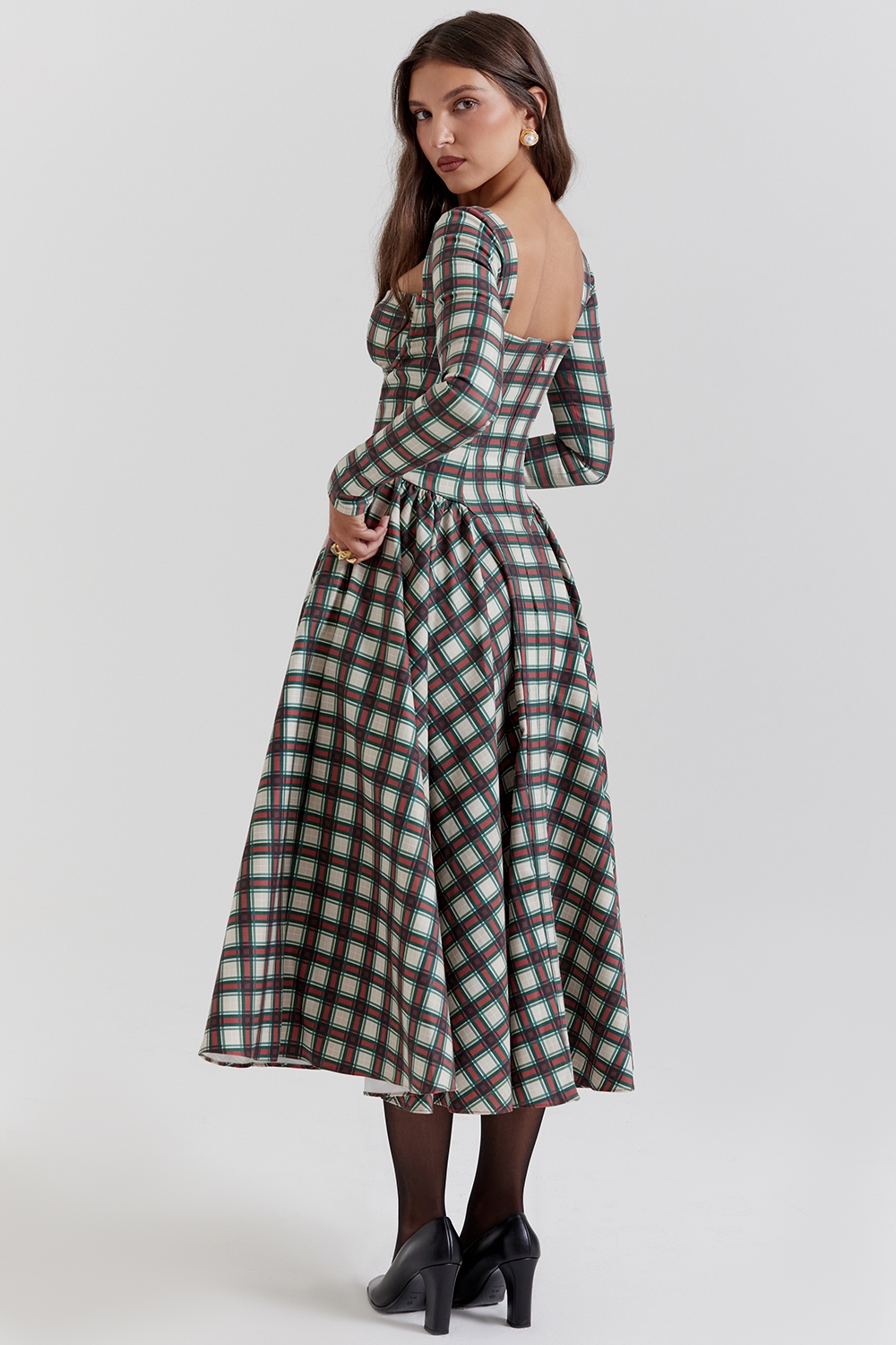 Eliza-Red Tartan Corset Midi Dress