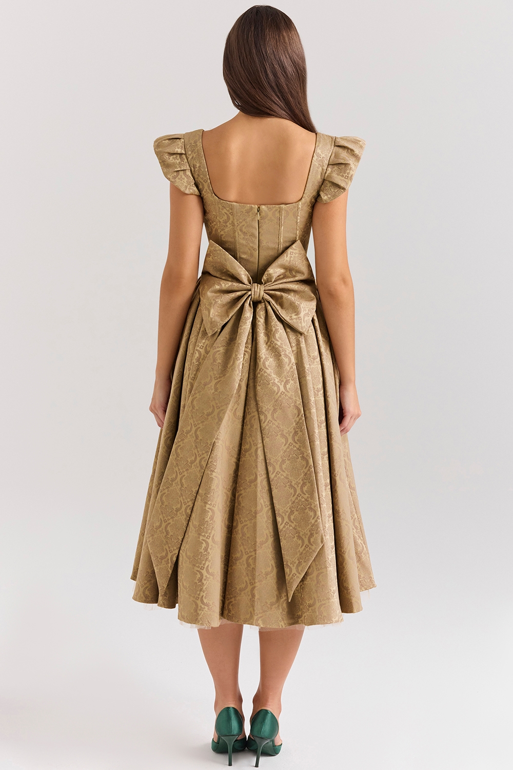Alessandra-Gold Jacquard Midi Dress with Detachable Bow - SALE