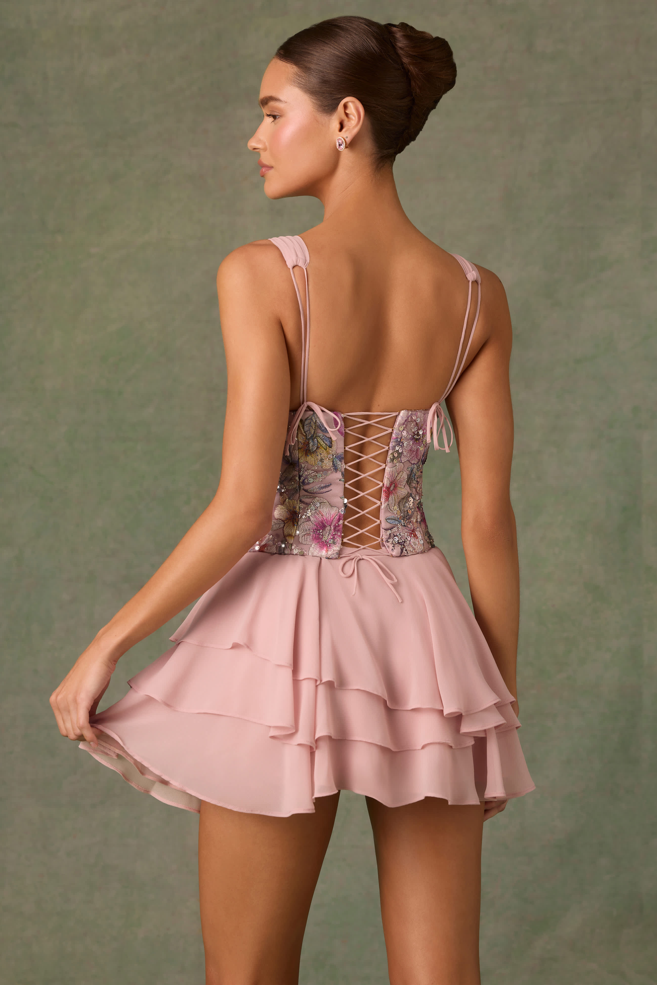 Sakura-Embellished Ruffled Corset Mini Dress in Floral Pink