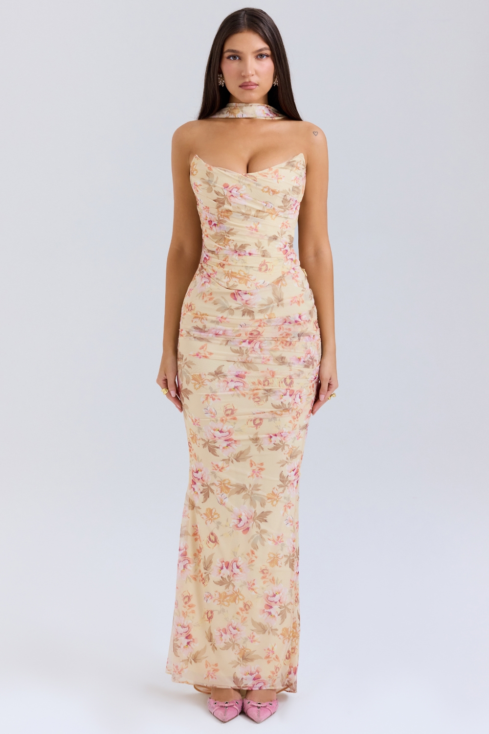 Hallie-Honeyflower Print Strapless Corset With Neck Scarf