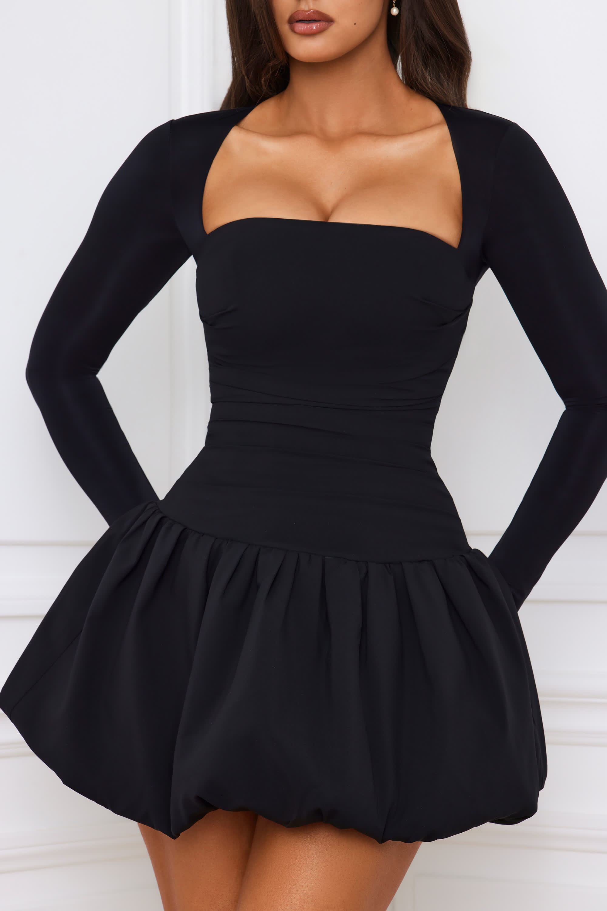 Viola-Long-Sleeve Bubble Hem Mini Dress in Black