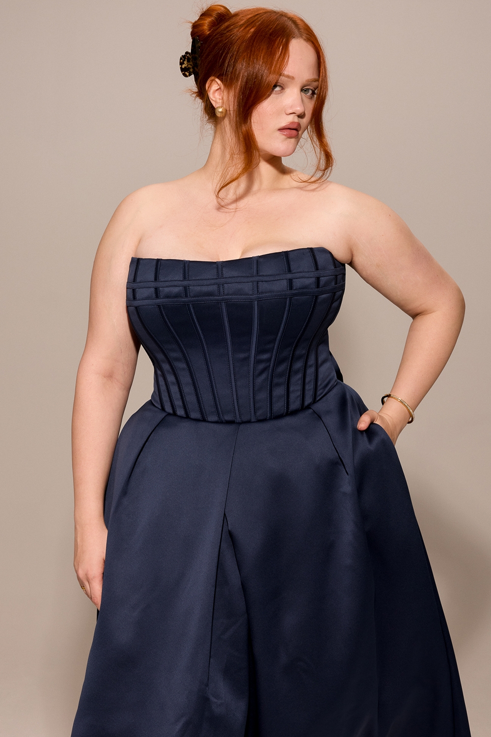 Bellina-Midnight Blue Strapless Detachable Bow Midi Dress