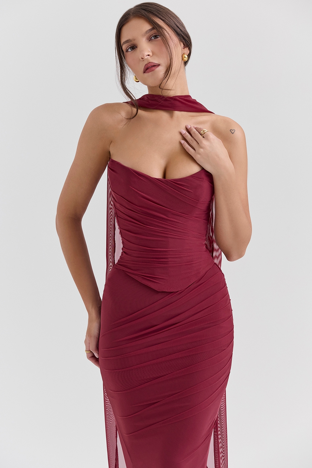 Hallie-Cabernet Strapless Corset with Neck Scarf