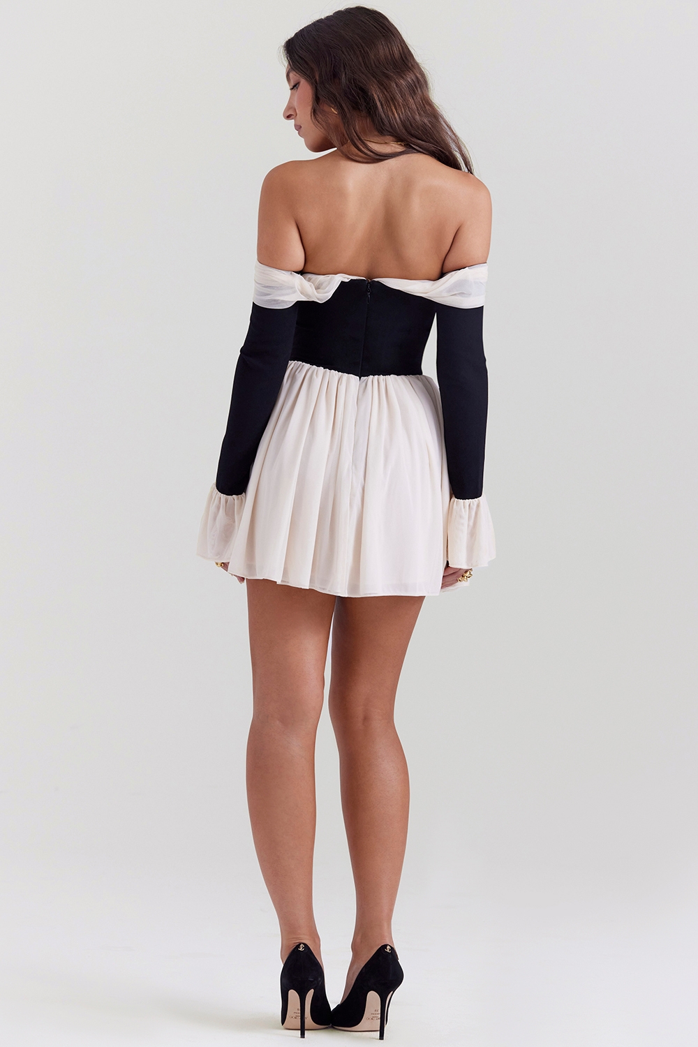 Alana-Black & Cream Off Shoulder Dress