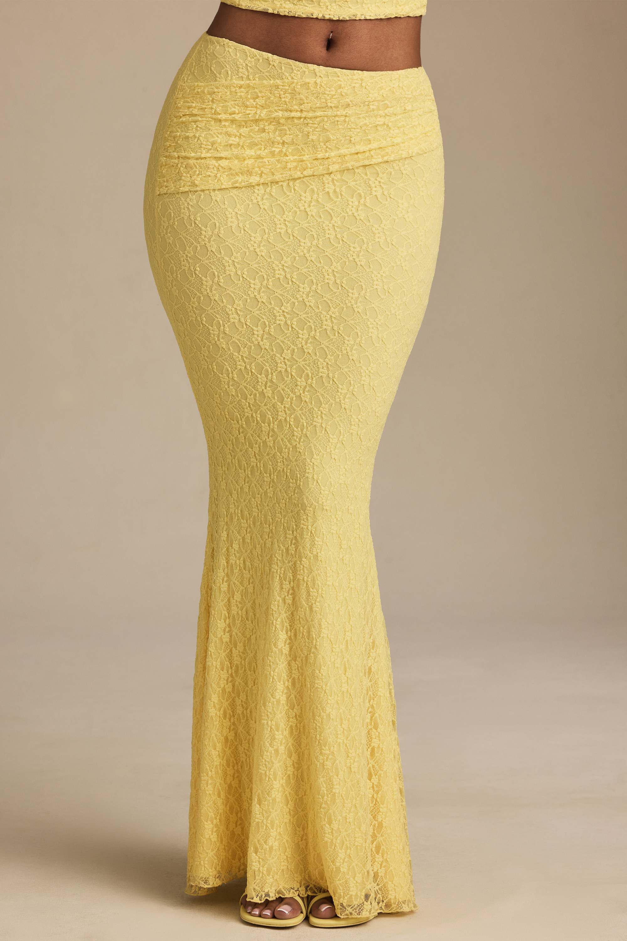Vanda-Draped Low-Rise Lace Maxi Skirt in Pastel Yellow