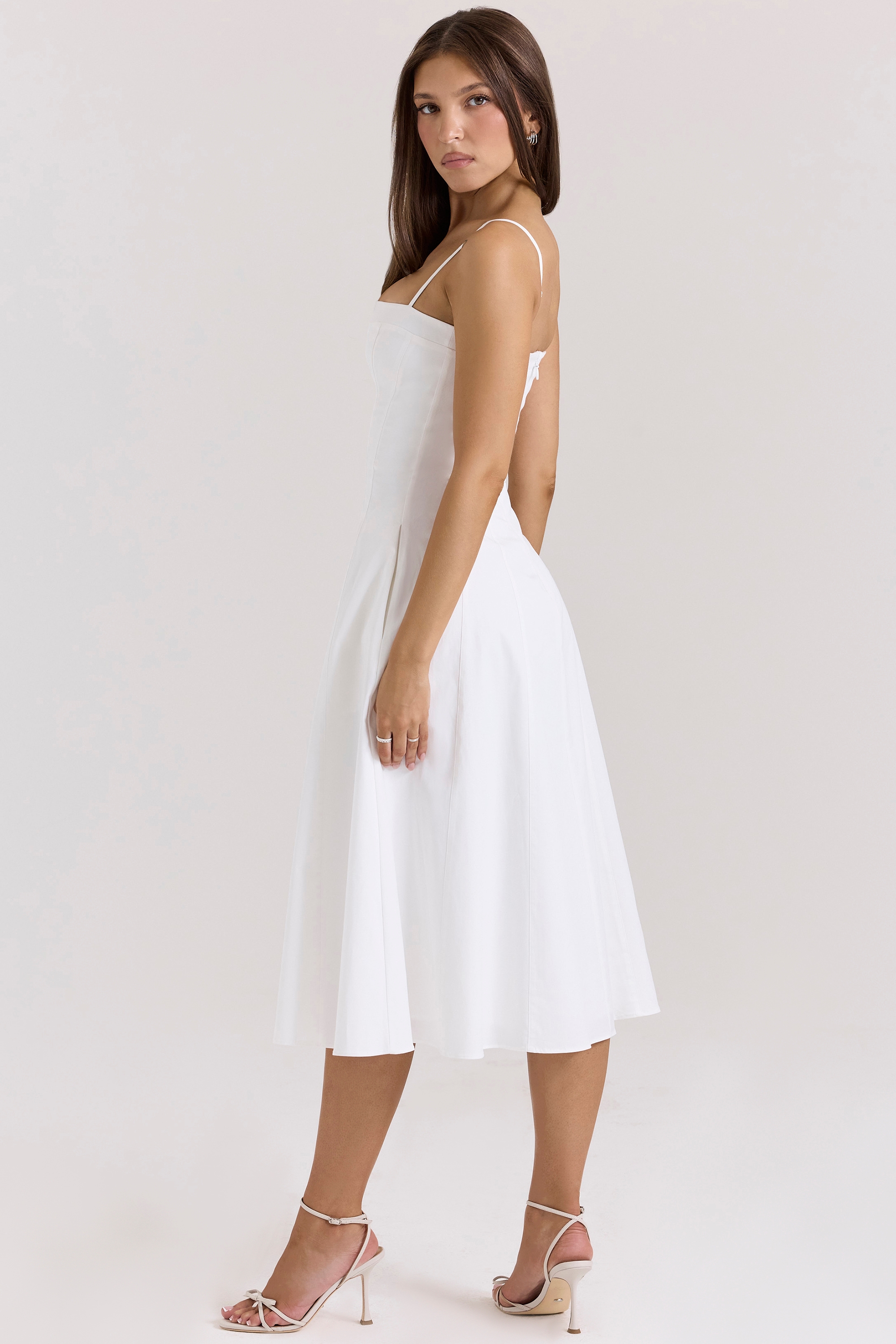 Dolly-White Stretch Cotton A-Line Midi Sundress