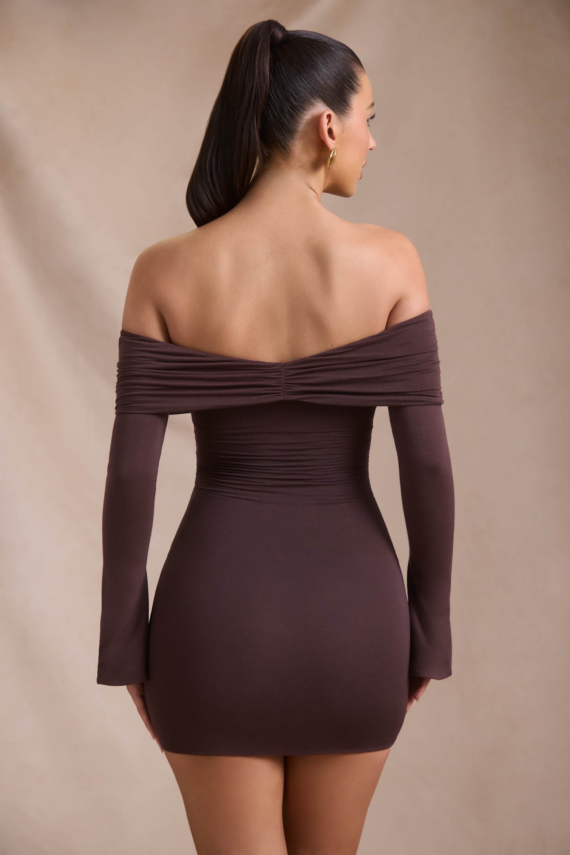 Thais-Modal-Cashmere Blend Off-Shoulder Ruched Mini Dress in Espresso