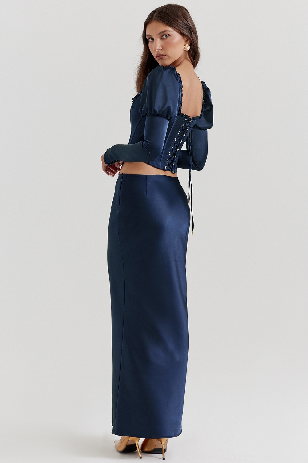 Charlene-Navy Satin Bias Cut Maxi Skirt