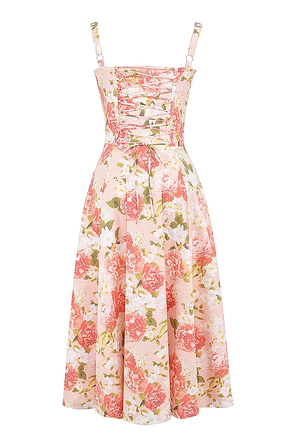 Carmen-Pink Peony Print Cotton Bustier Sundress