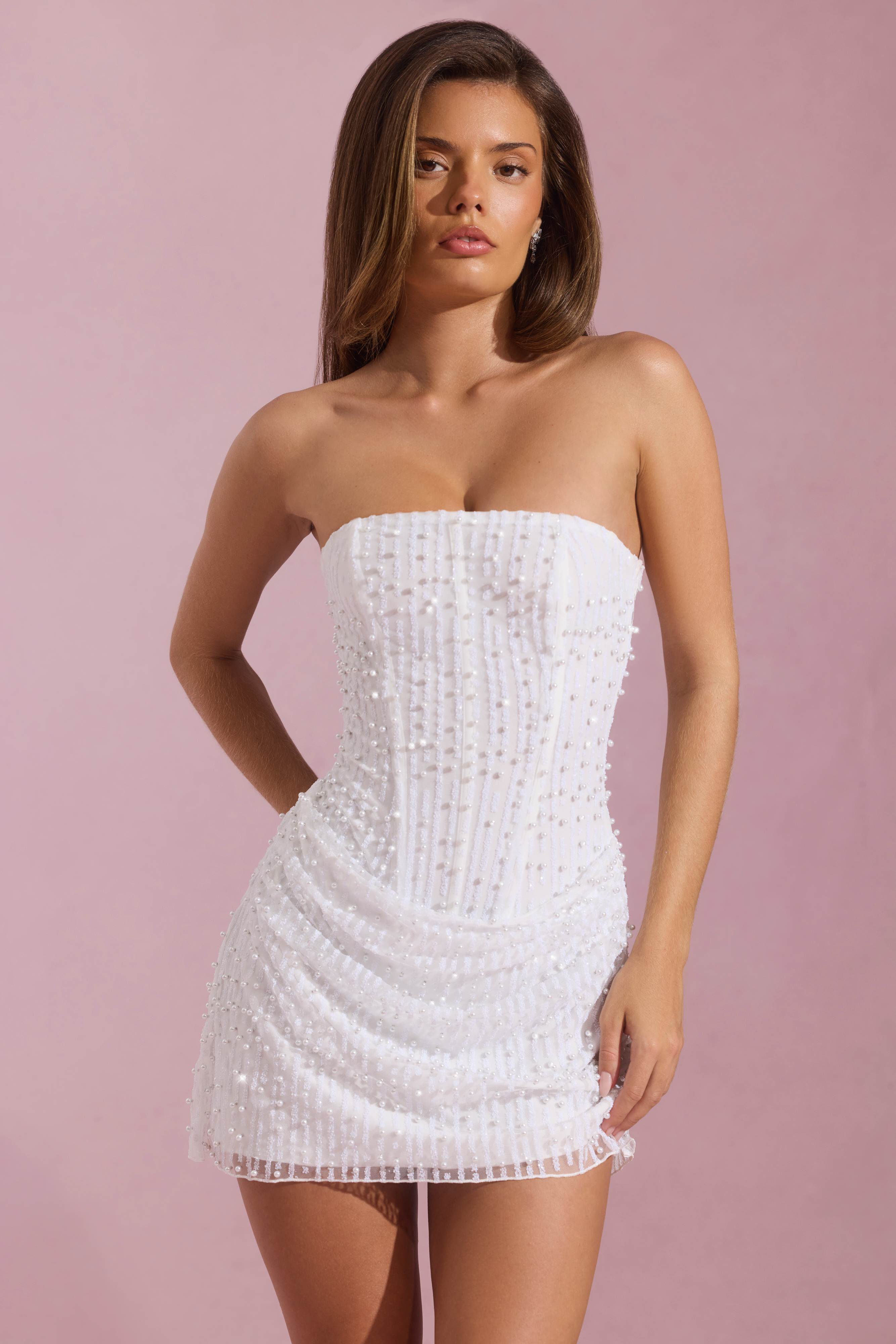 Ziya-Embellished Draped Strapless A-Line Mini Dress in White