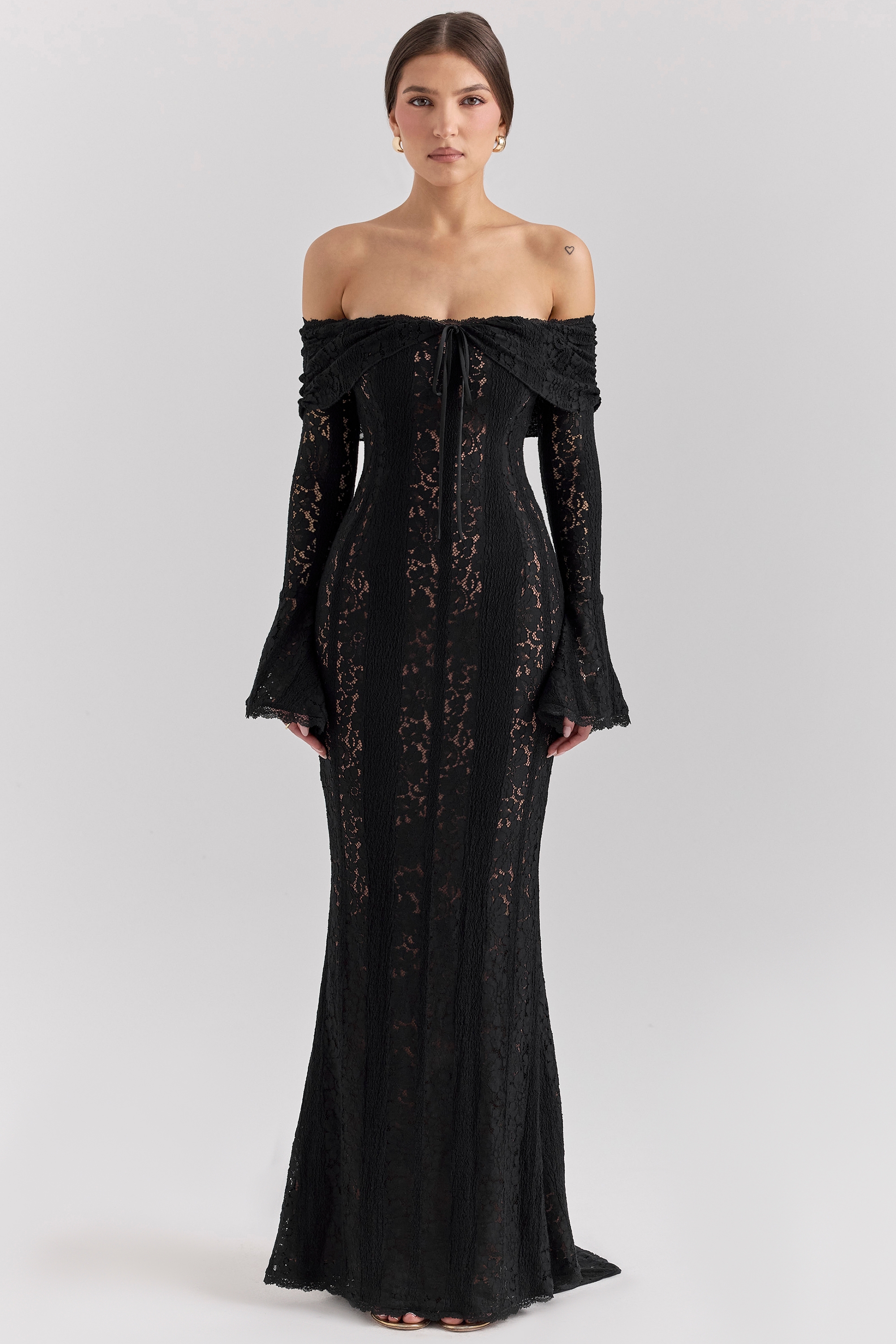 Belle-Black Off Shoulder Floral Lace Maxi Dress