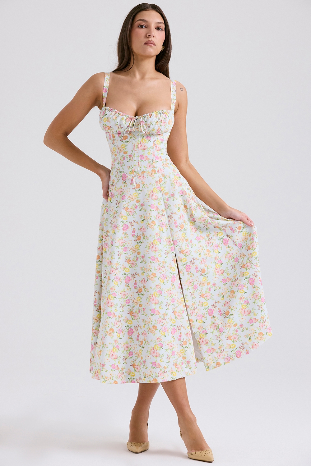 Carmen-Pale Blue Meadow Print Cotton Bustier Sundress