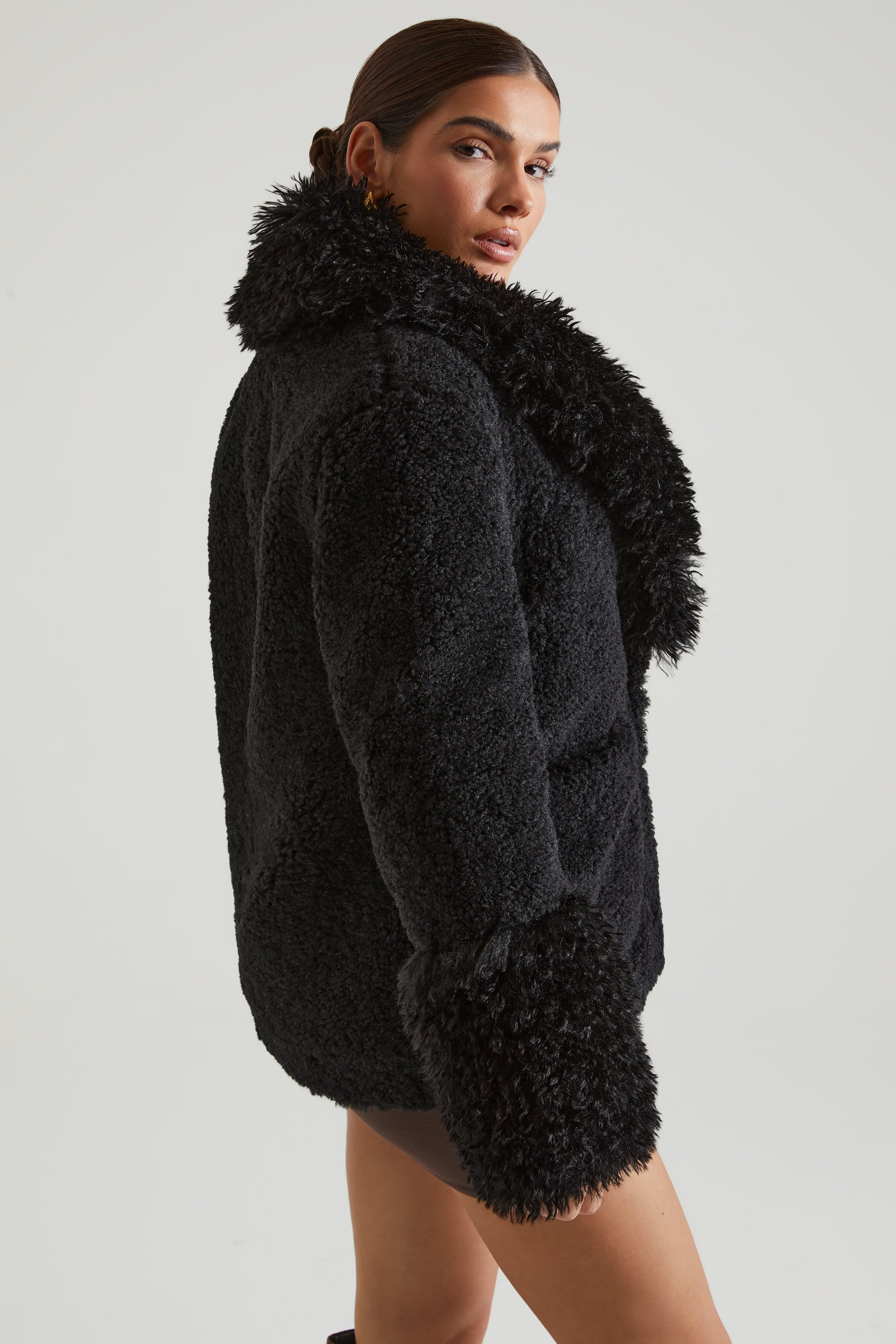 Wynter-Shearling Coat with Large Front Pockets in Black