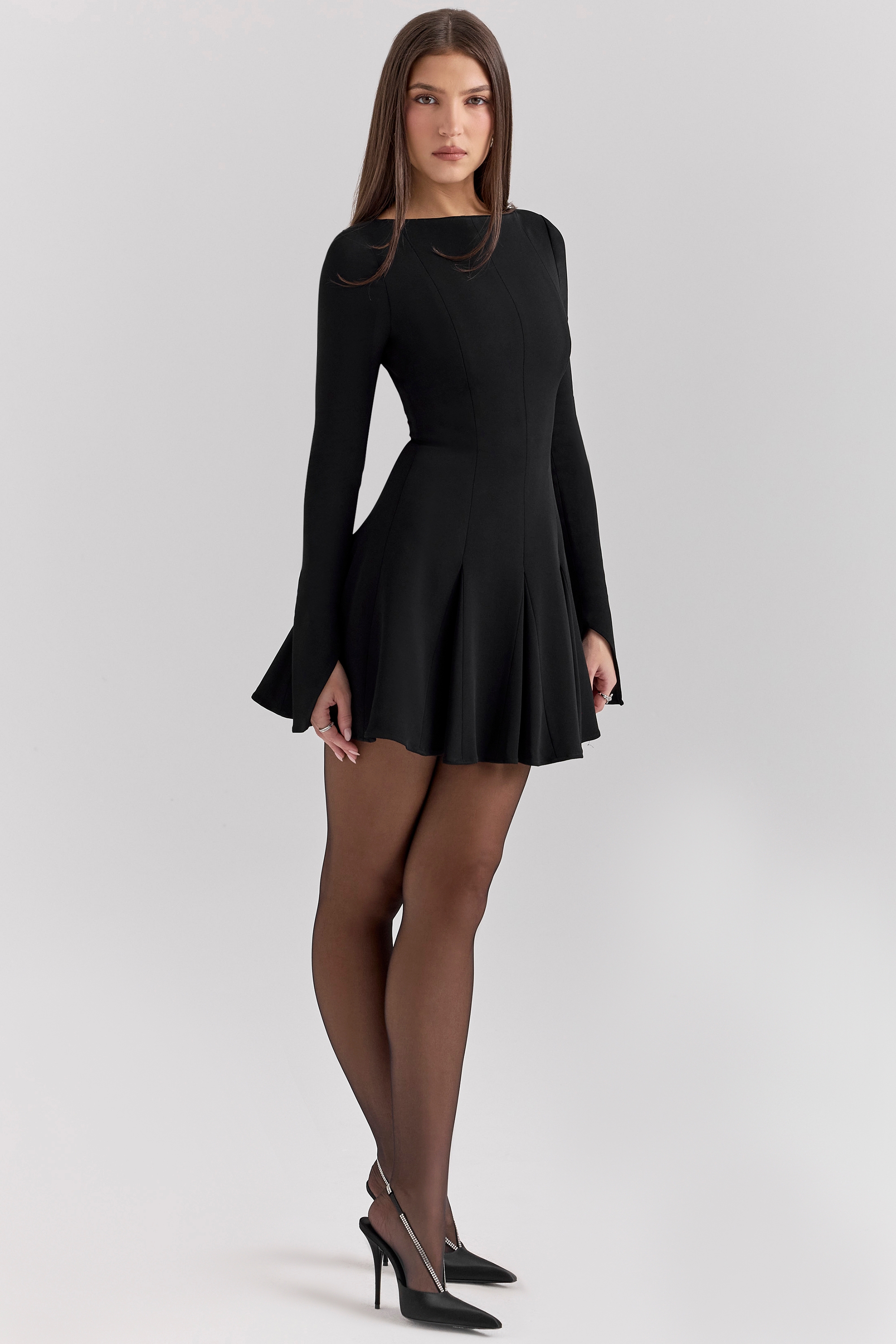 Francesca-Black Stretch Crepe Godet Mini Dress