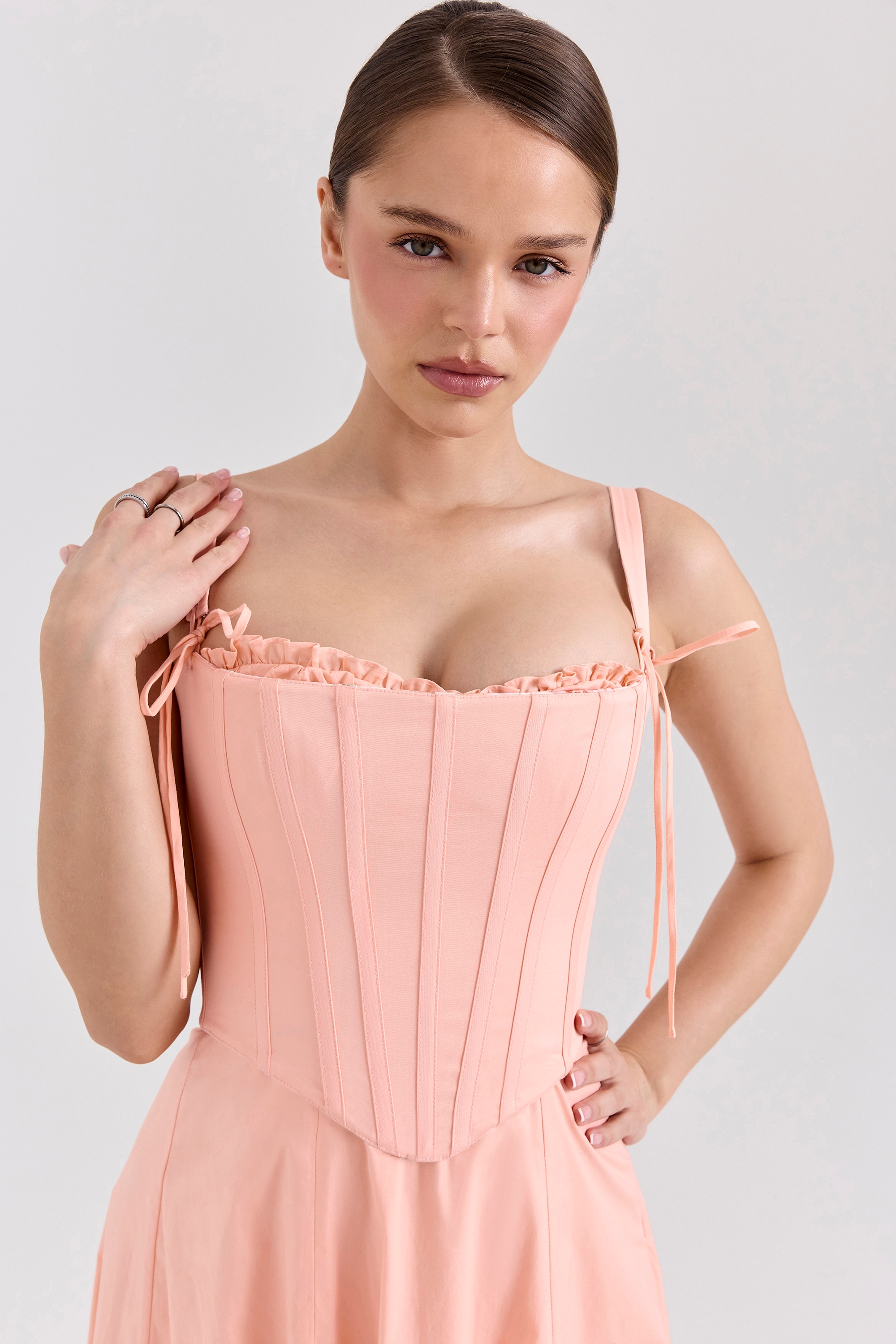 Clarabelle-Peach Cotton Detachable Corset Midi SunDress