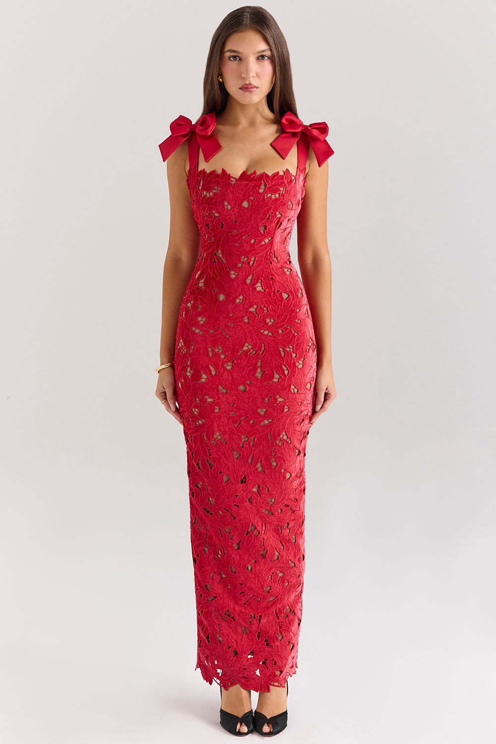 Tiff-Holly Red Velvet Lace Maxi Dress