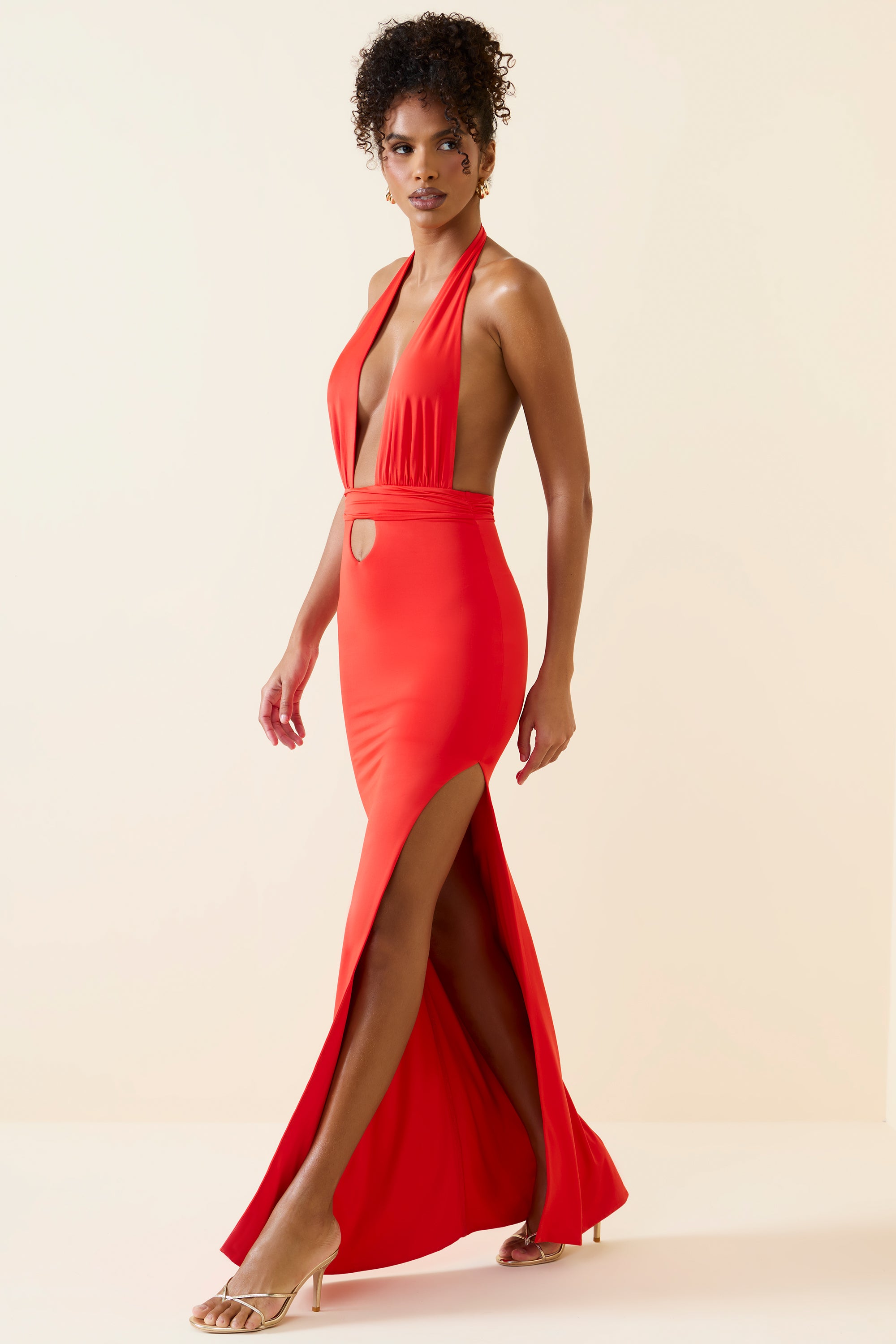 Xenia-Halterneck Cut-Out Maxi Dress in Scarlet