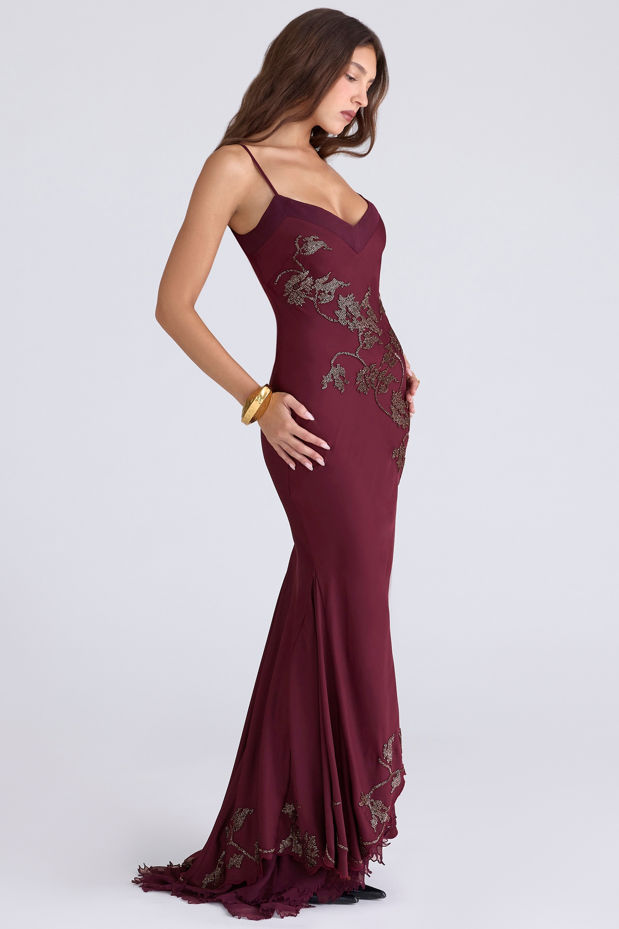 Anastelle-Plum Hand Beaded Embellished Satin Maxi Gown - Limited Edition