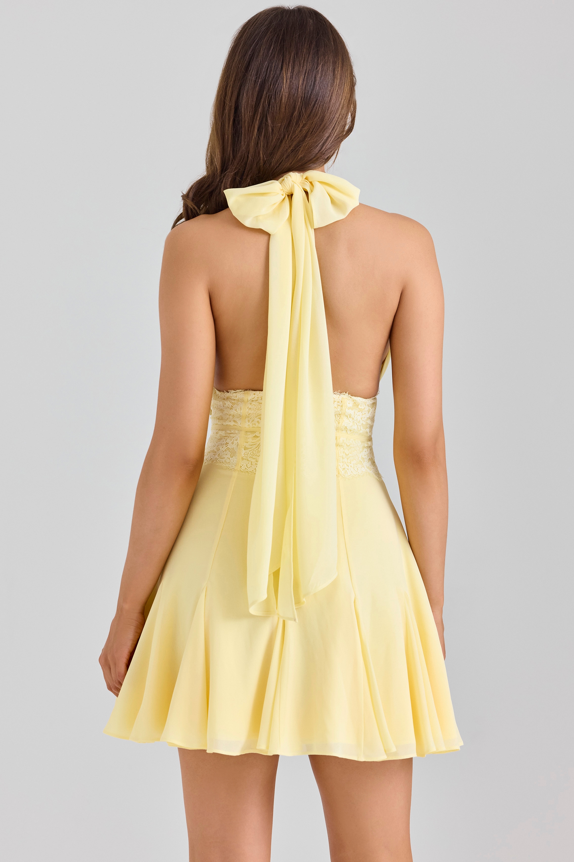 Ailani-Butter Yellow Georgette Halter Neck Mini Dress