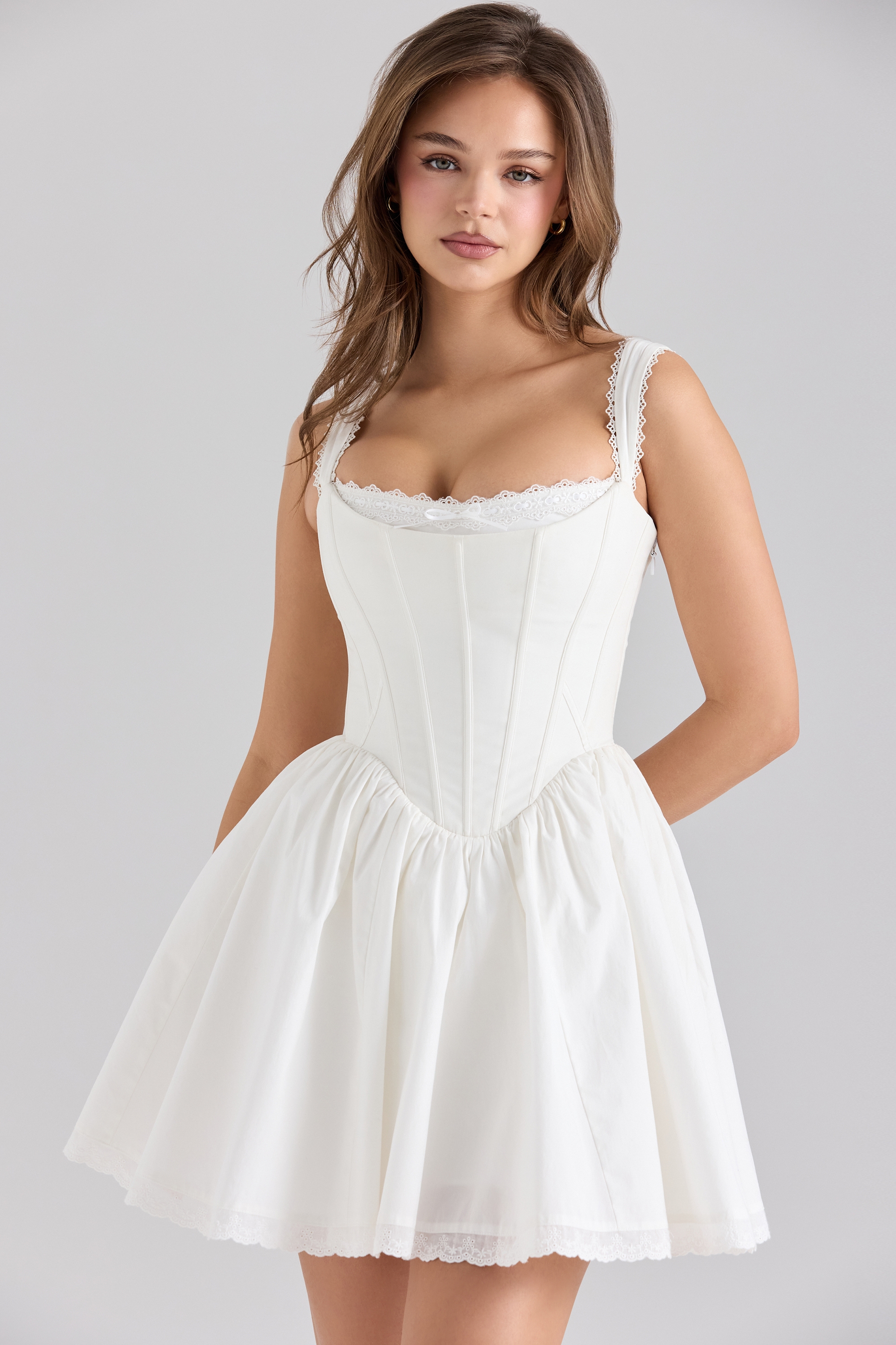 Ami-White Stretch Cotton Corset Mini Dress