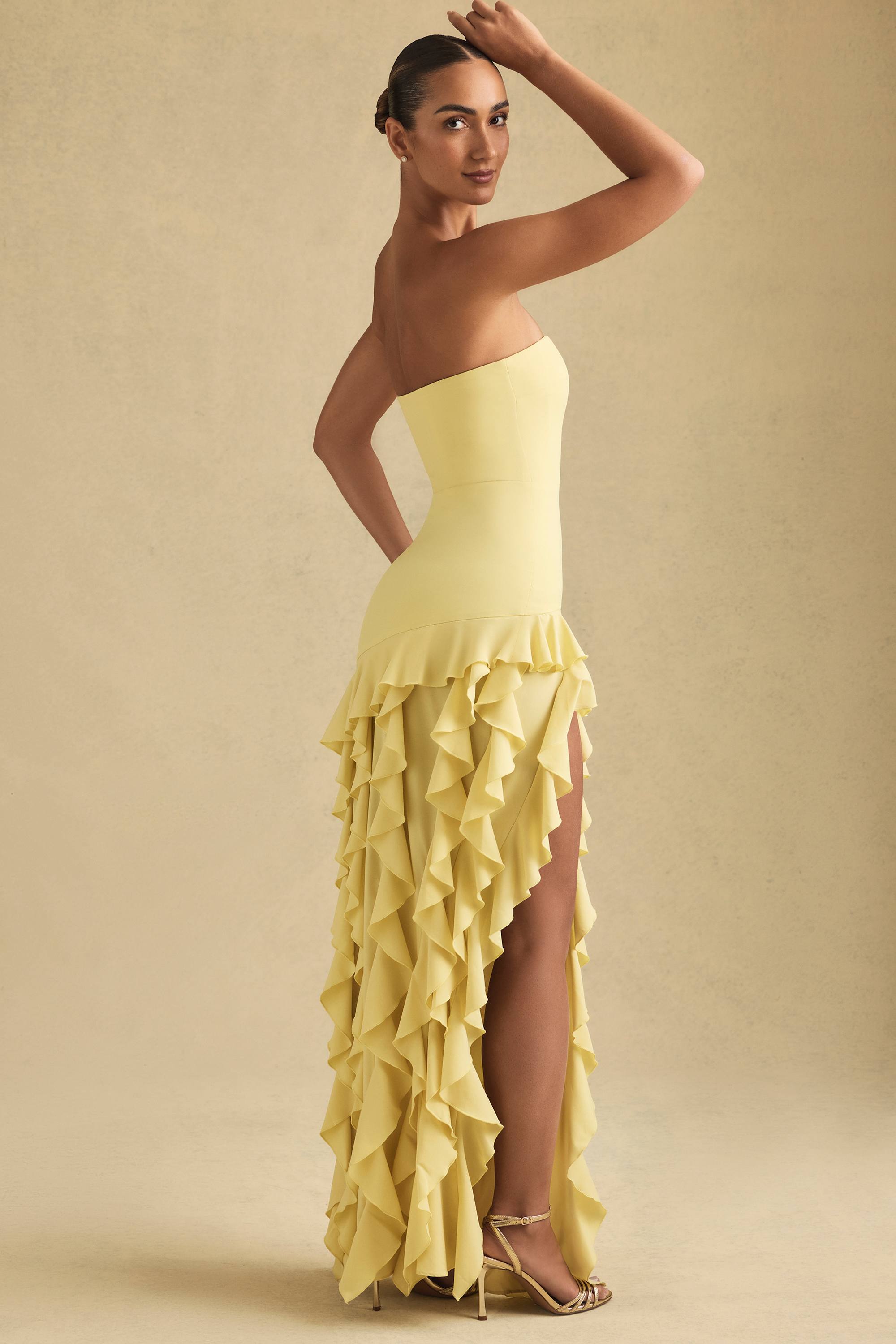 Diletta-Ruffle-Trim Strapless Gown in Pastel Yellow