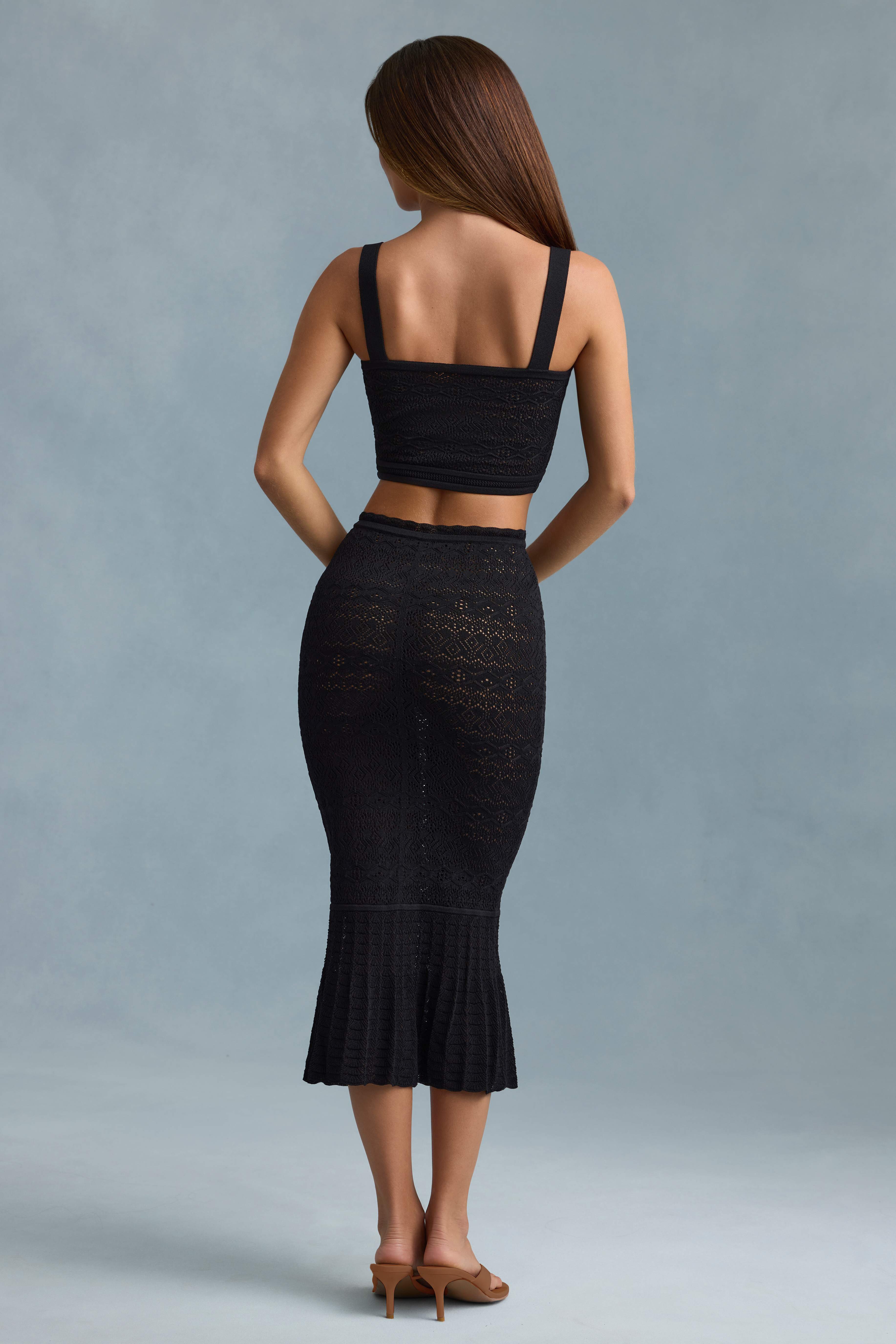 Yasira-Ruffle-Trim Pointelle-Knit Midaxi Skirt in Black