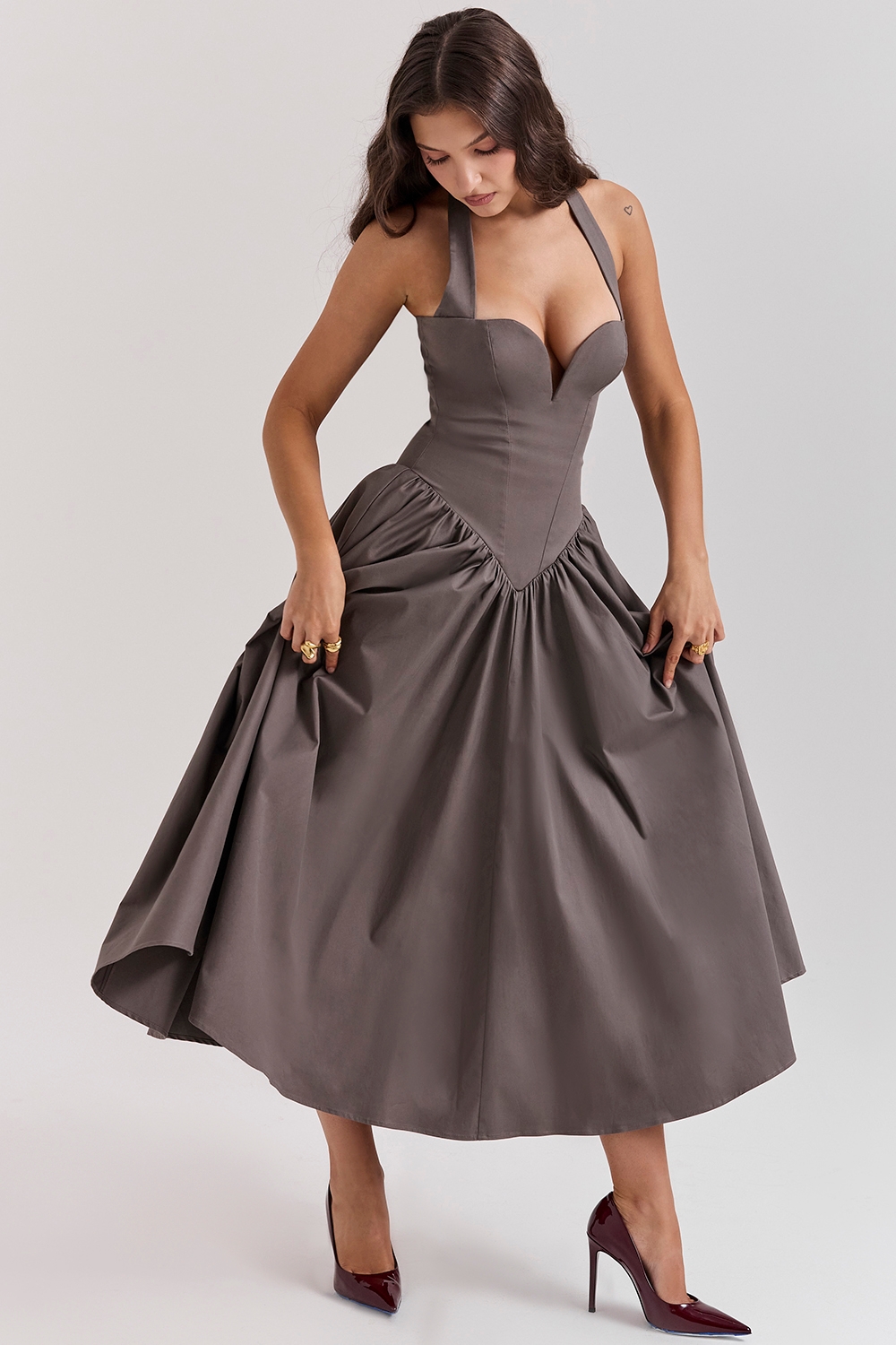 Coquette-Smoke Halter Midi Dress