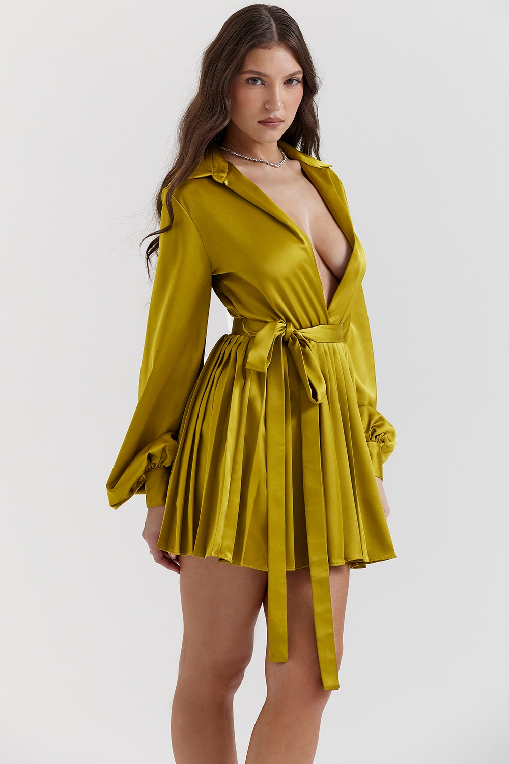 Allegra-Chartreuse Pleated Shirt Dress